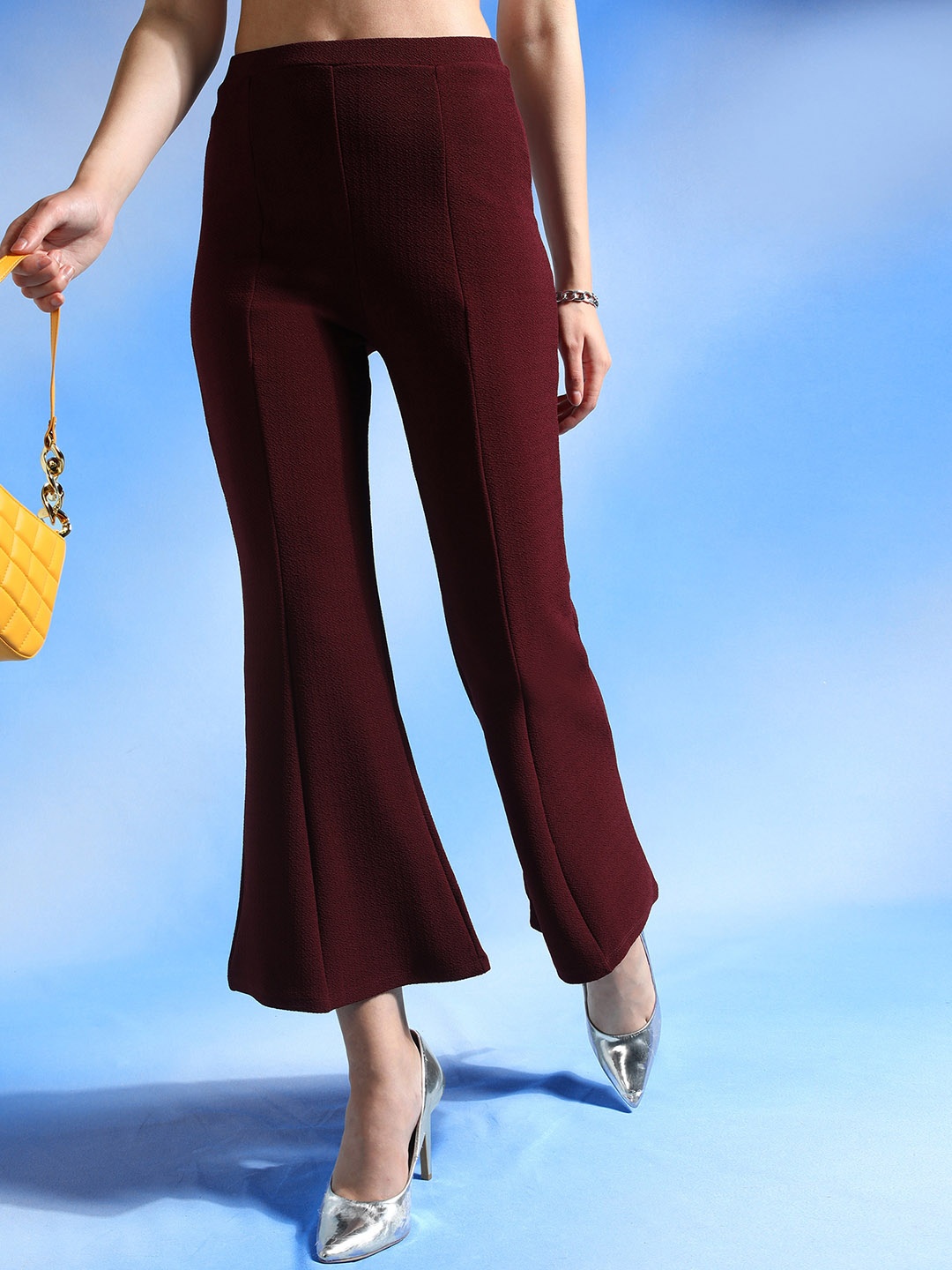 

Veni Vidi Vici Women Smart Mid-Rise Flared Trousers, Maroon