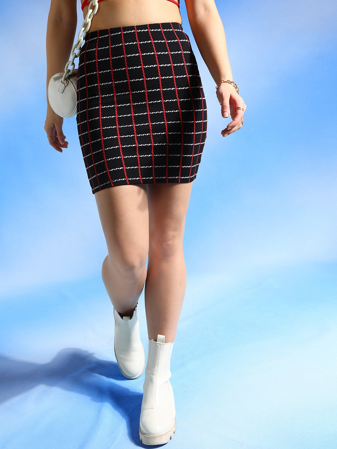 

Veni Vidi Vici Checked Slim-Fit Pencil Mini Skirt, Black