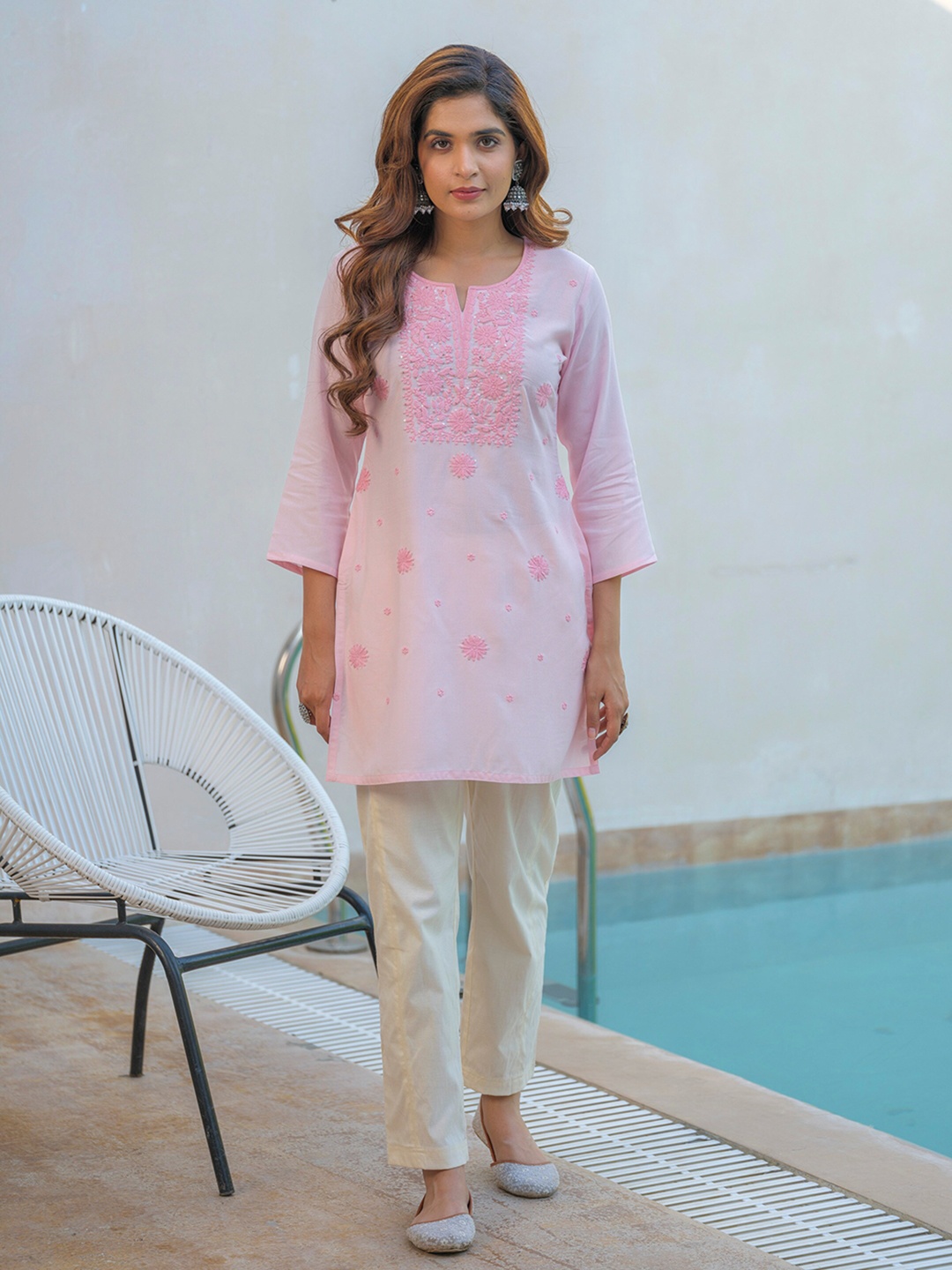 

House of Pataudi Embroidered Sequinned Straight Kurti, Pink