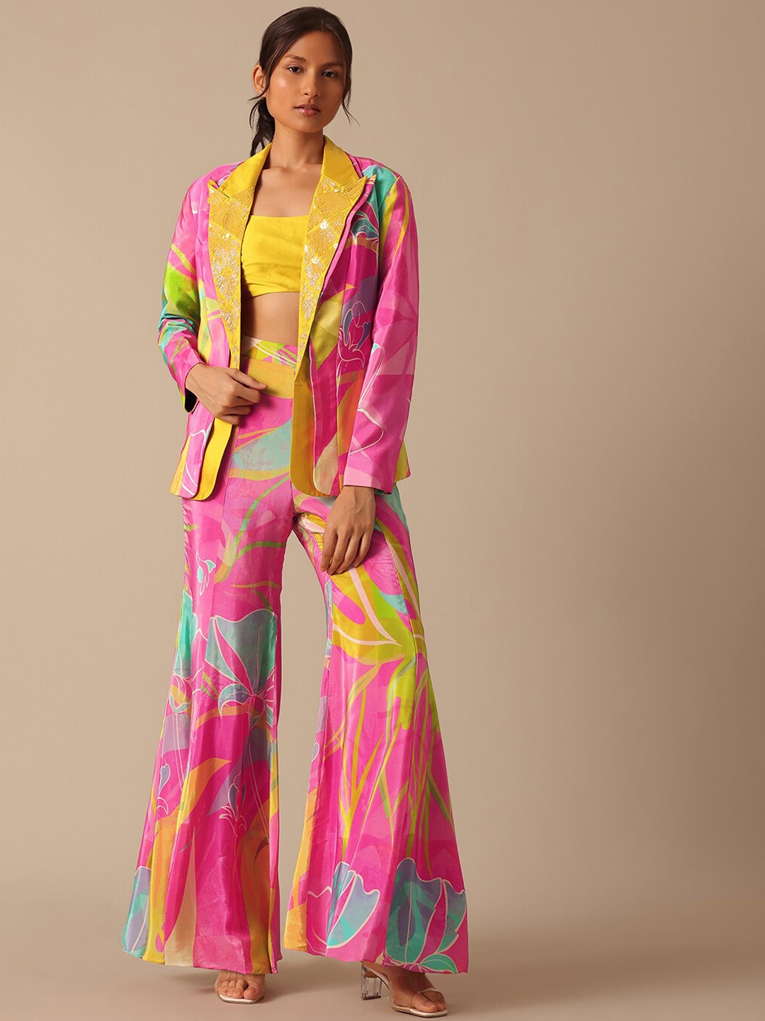 

KALKI Fashion Printed Shoulder Straps Top With Jacket & Palazzo, Pink