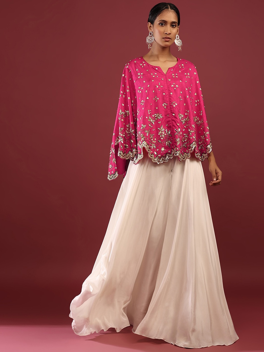 

KALKI Fashion Sequins Embellished Cape Top With Palazzos, Pink