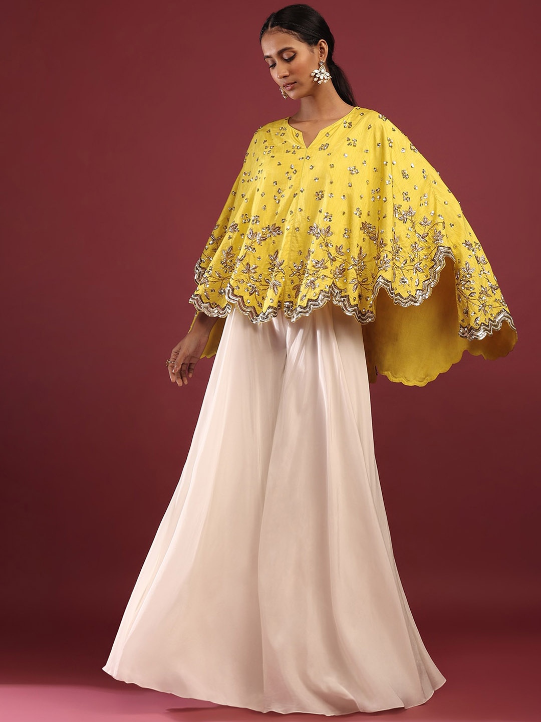 

KALKI Fashion Sequins Embellished Cape Top With Palazzos, Yellow