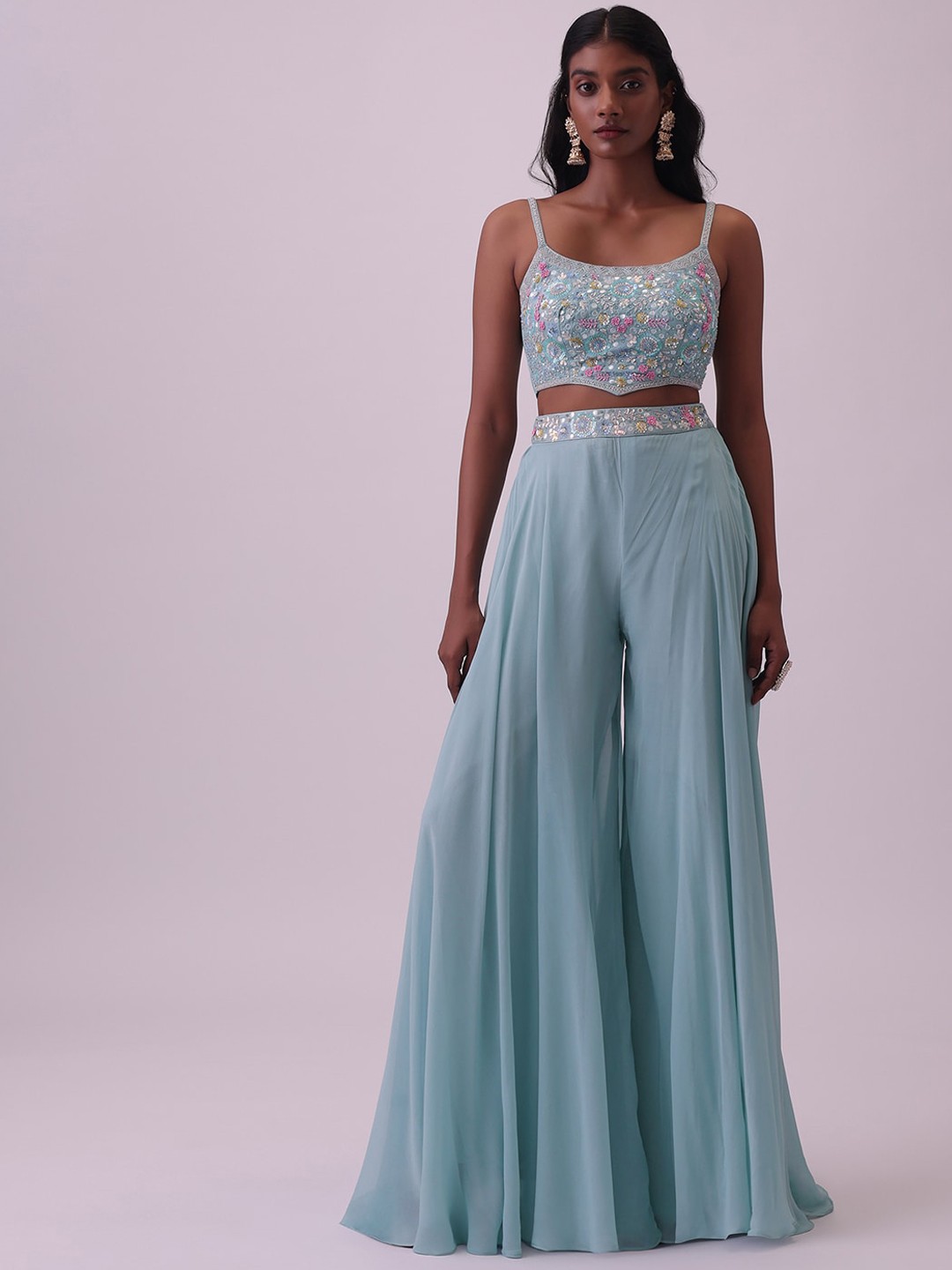 

KALKI Fashion Embroidered Top With Palazzo & Jacket Co-Ords Set, Blue