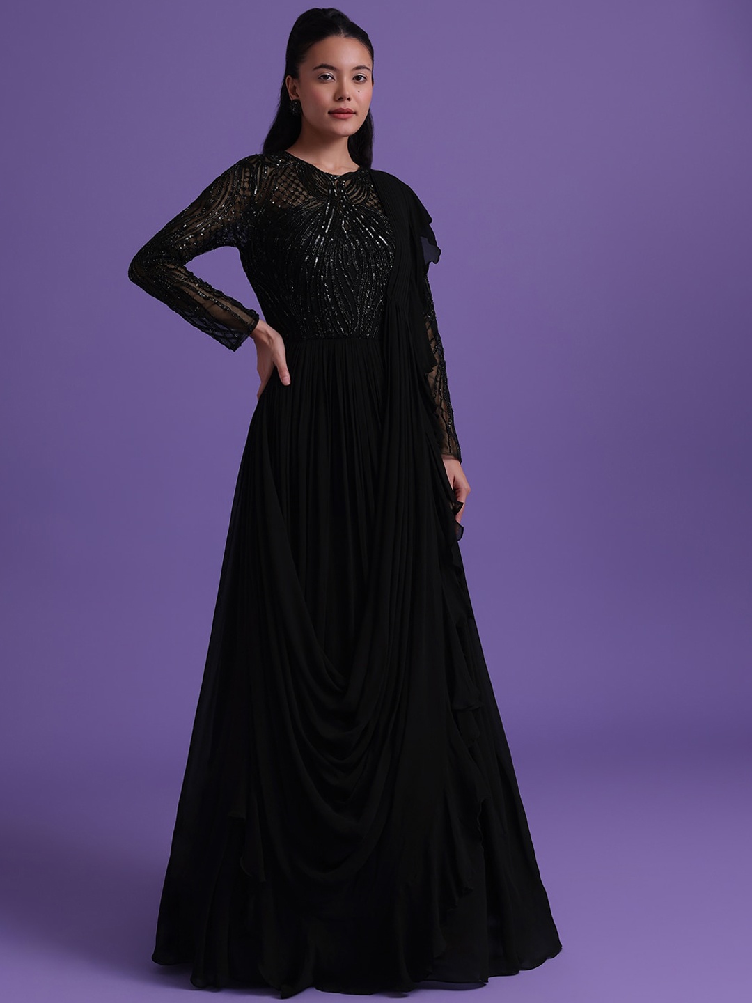 

KALKI Fashion Embellished Fit & Flare Maxi Ethnic Dress With Attached Drape, Black