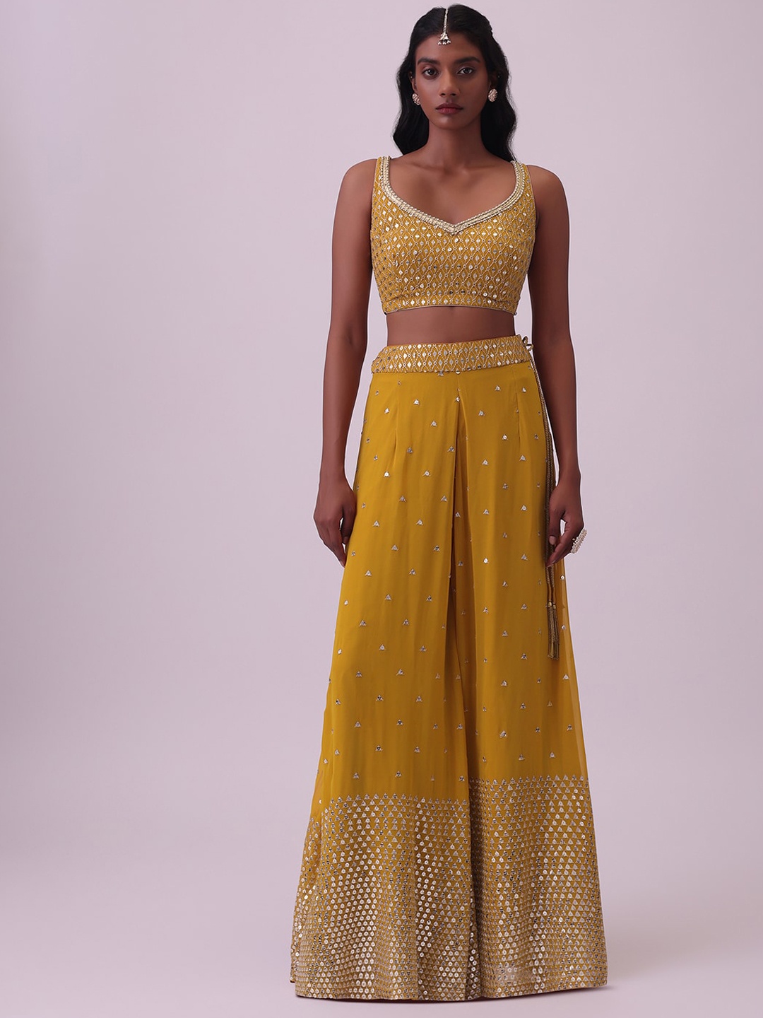 

KALKI Fashion Embroidered V-Neck Top With Palazzo & Jacket, Yellow