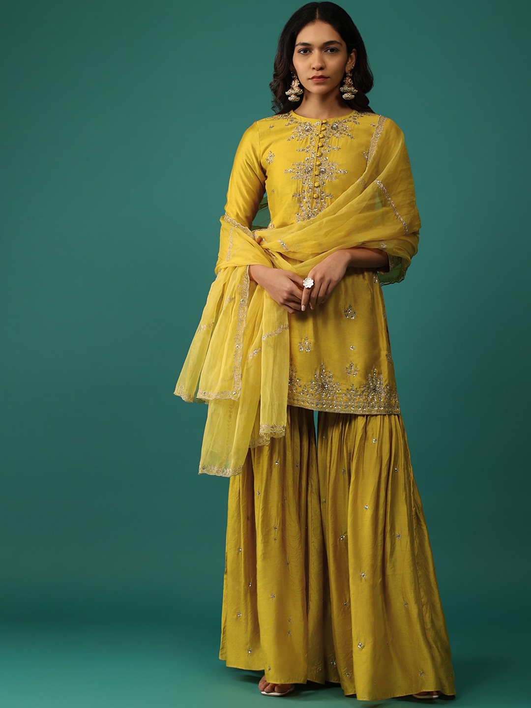 

KALKI Fashion Ethnic Motifs Embroidered Mirror Work Kurti With Sharara & Dupatta, Yellow