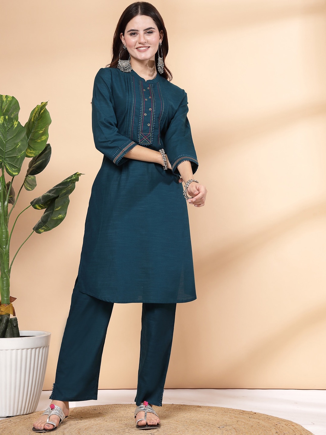 

Nayam By Lakshita Yoke Design Pleated Thread Work A-line Kurta with Palazzos, Teal