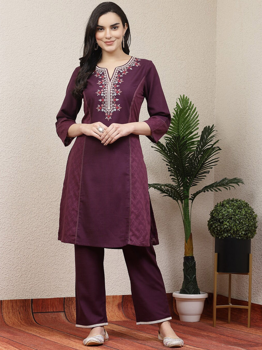 

Nayam By Lakshita Embroidered Aari Work A-Line Kurta with Palazzos, Purple