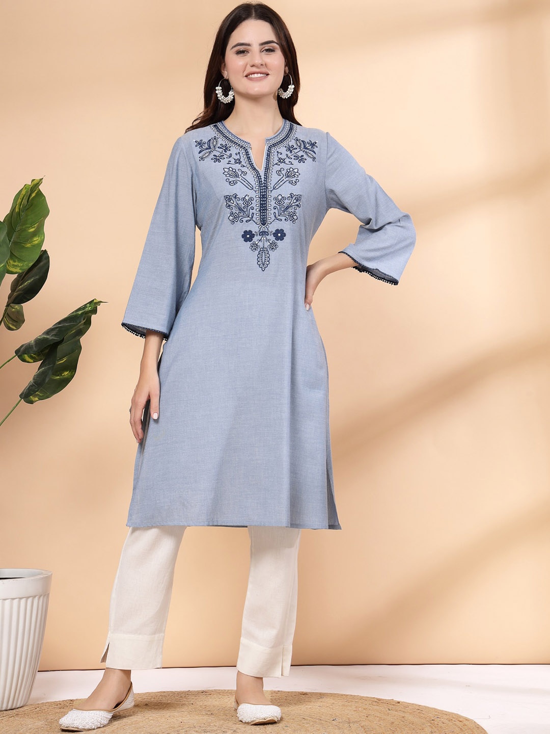

Nayam By Lakshita Women Embroidered Flared Sleeves Thread Work Kurta, Blue