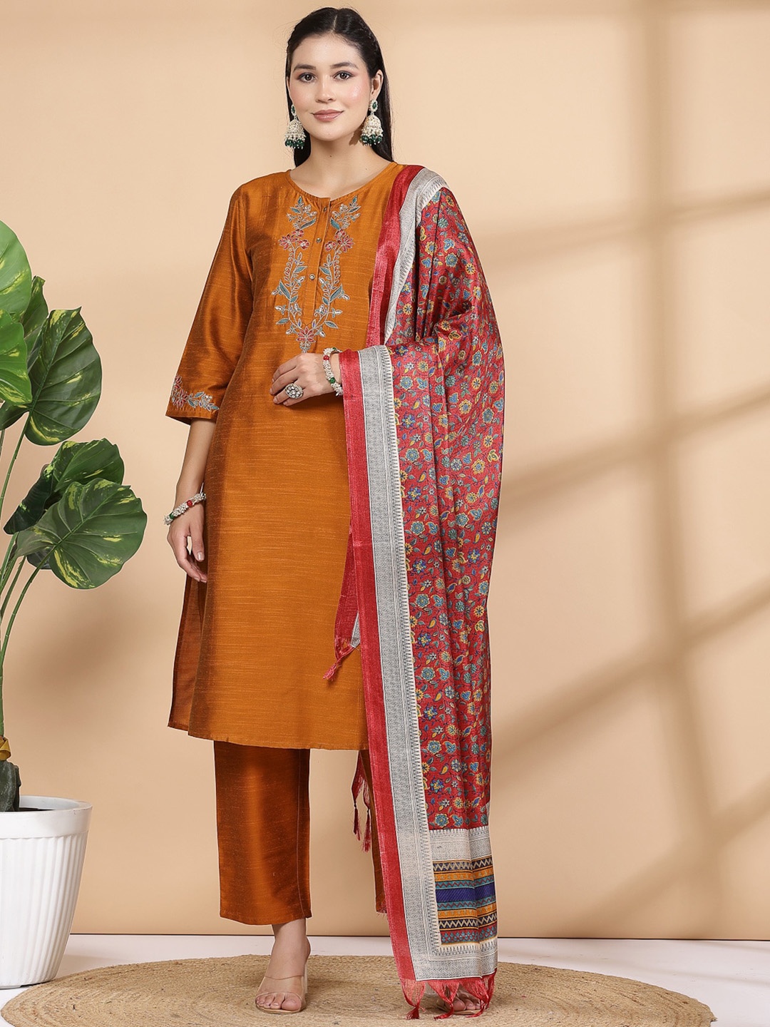 

Nayam By Lakshita Floral Embroidered Sequinned Straight Kurta & Palazzos With Dupatta, Orange