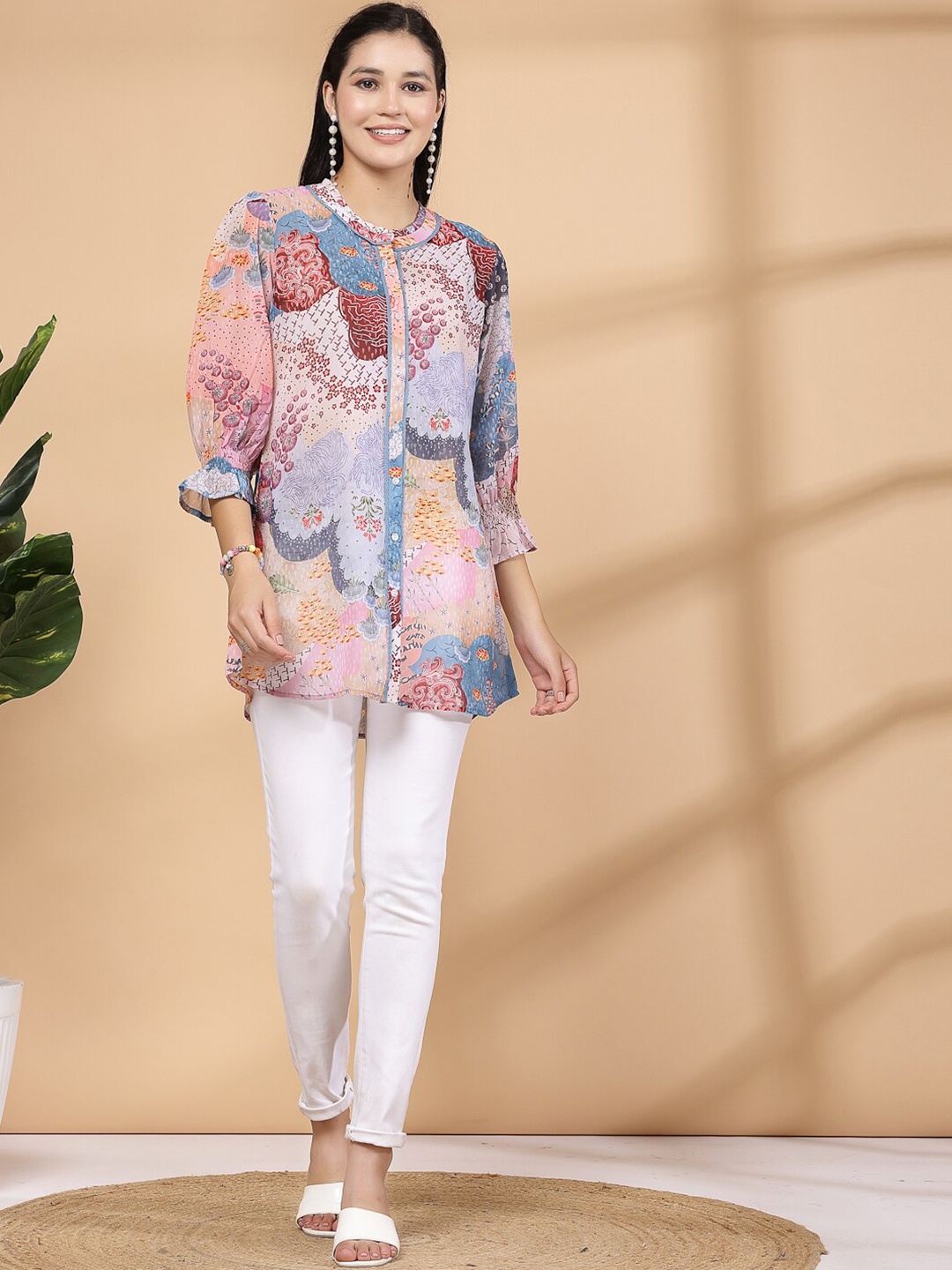 

Nayam By Lakshita Printed Mandarin Collar Tunic, Pink