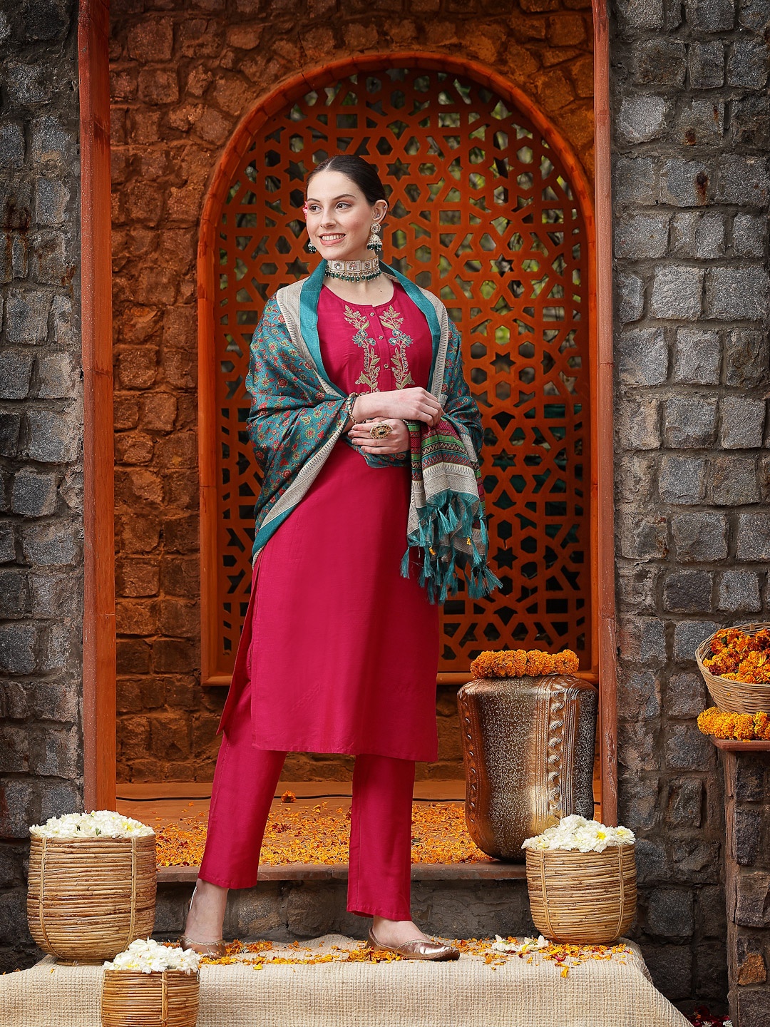 

Nayam By Lakshita Floral Embroidered Sequinned Straight Kurta & Palazzos With Dupatta, Fuchsia