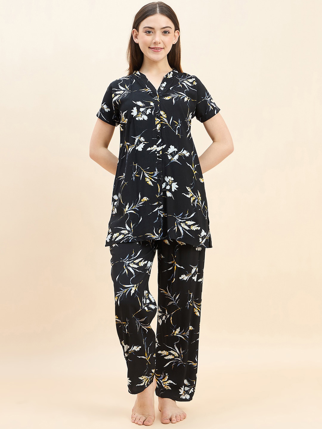 

Sweet Dreams Black Floral Printed Kurti With Pyjamas