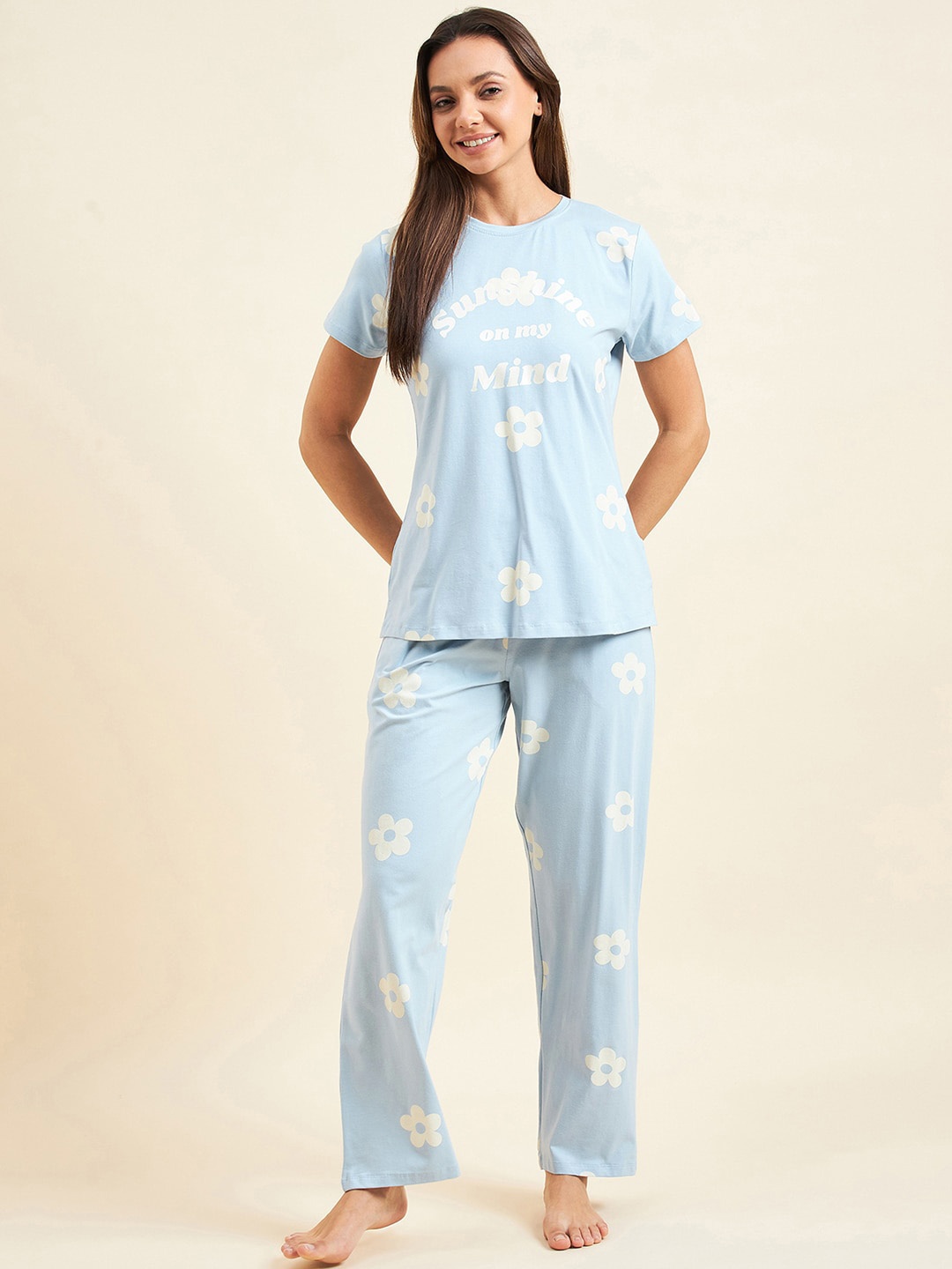 

Sweet Dreams Blue Floral Printed T-shirt With Pyjamas