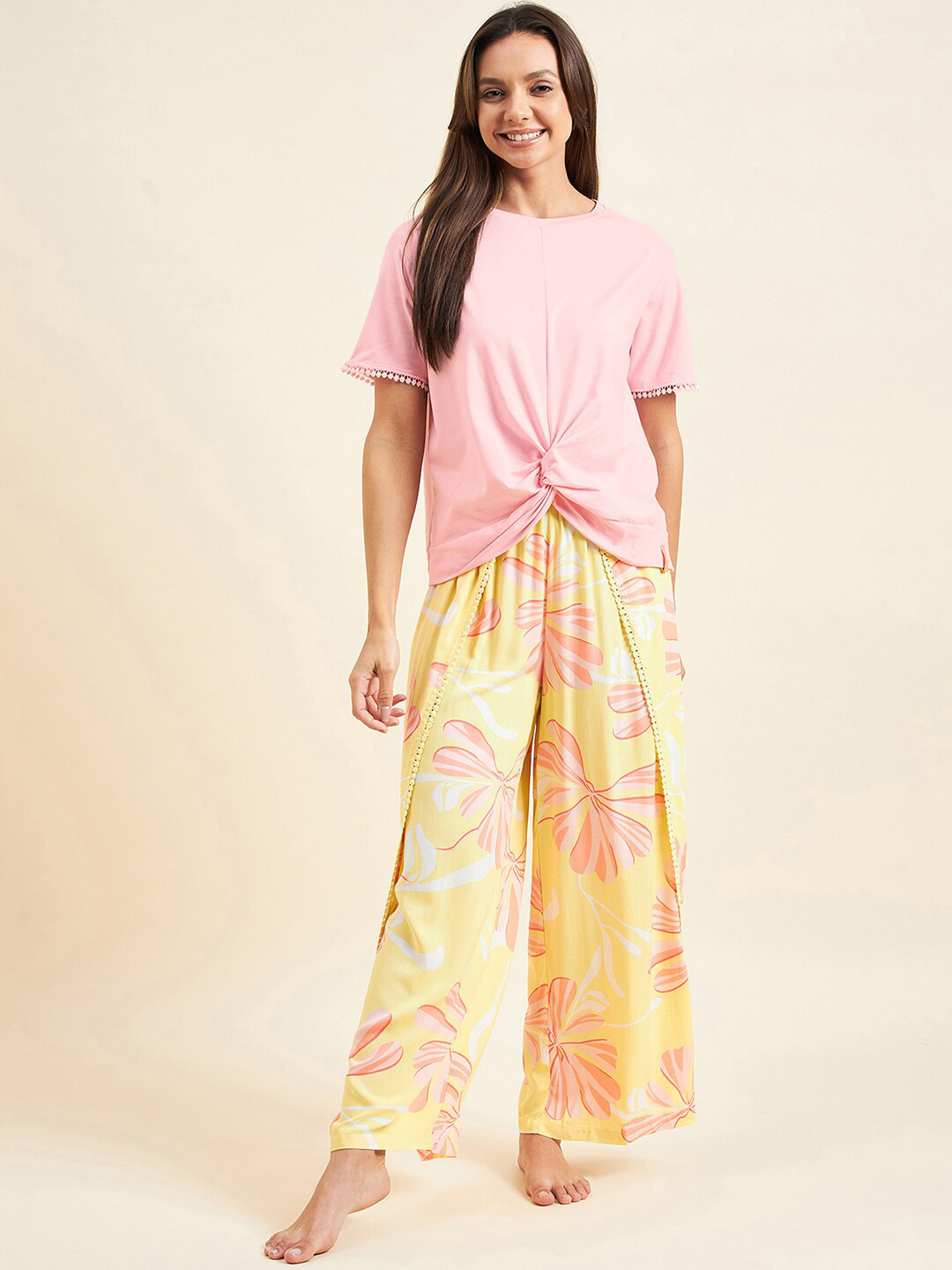 

Sweet Dreams Pink & Yellow Round Neck T-shirt With Pyjamas