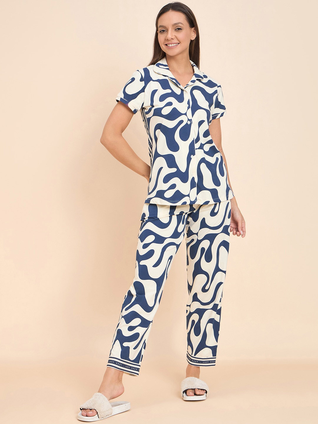 

Sweet Dreams Navy Blue Abstract Printed Shirt With Pyjamas