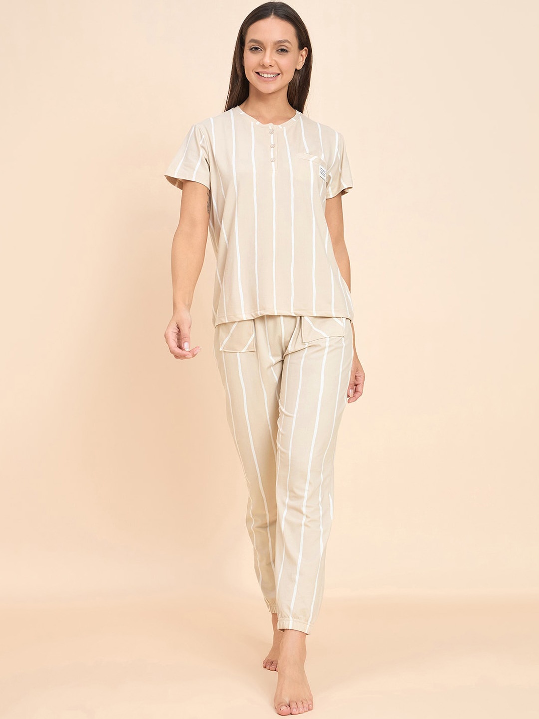 

Sweet Dreams Beige Striped T-shirt With Pyjamas