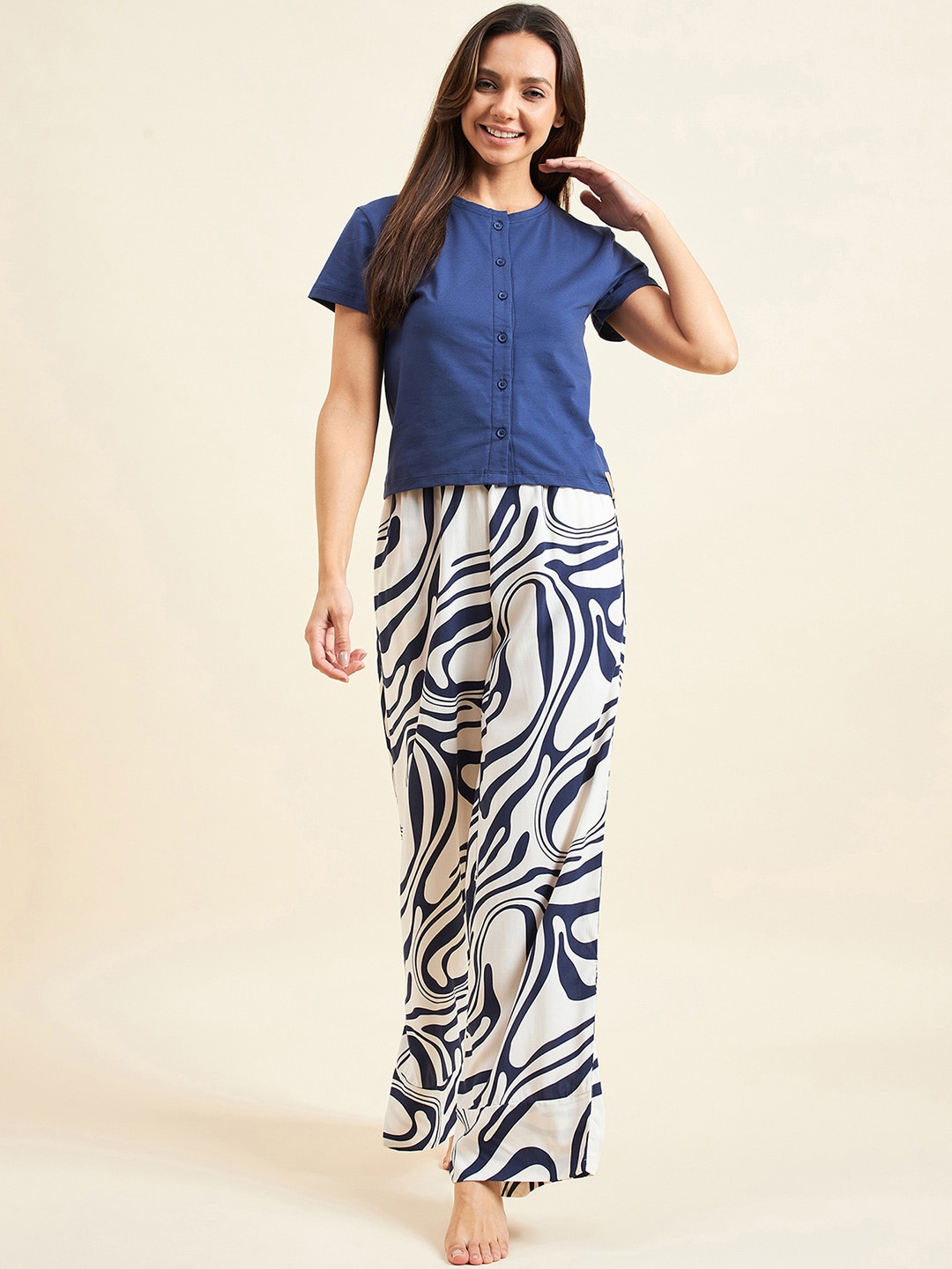 

Sweet Dreams Navy Blue Abstract Printed T-shirt With Pyjamas