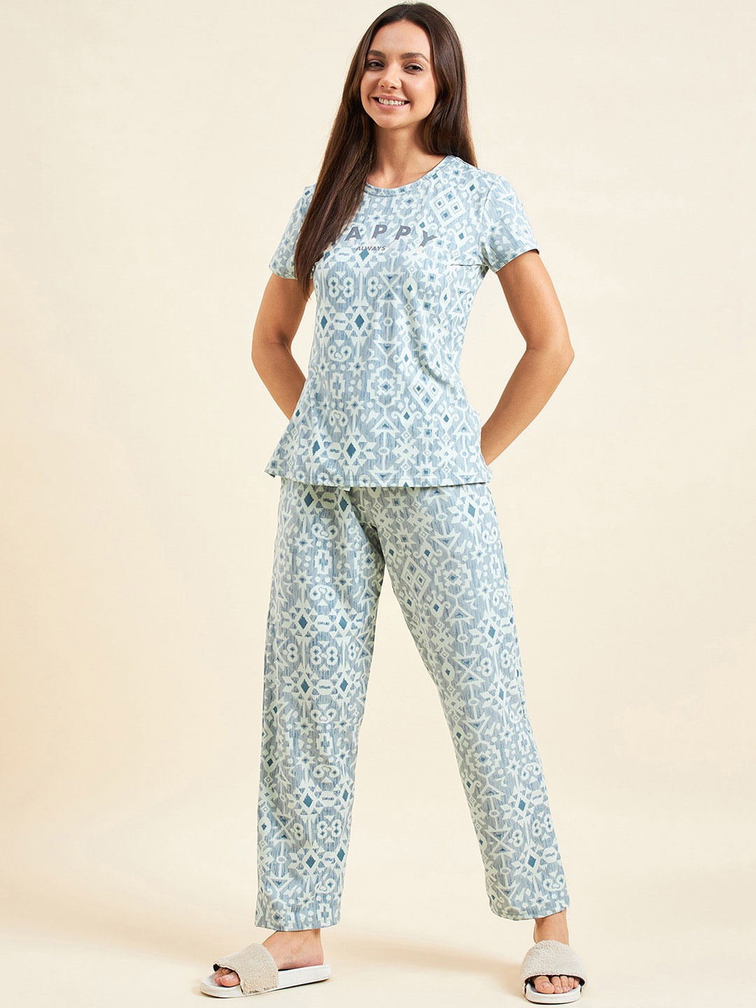 

Sweet Dreams Blue Geometric Printed Night suit, Green