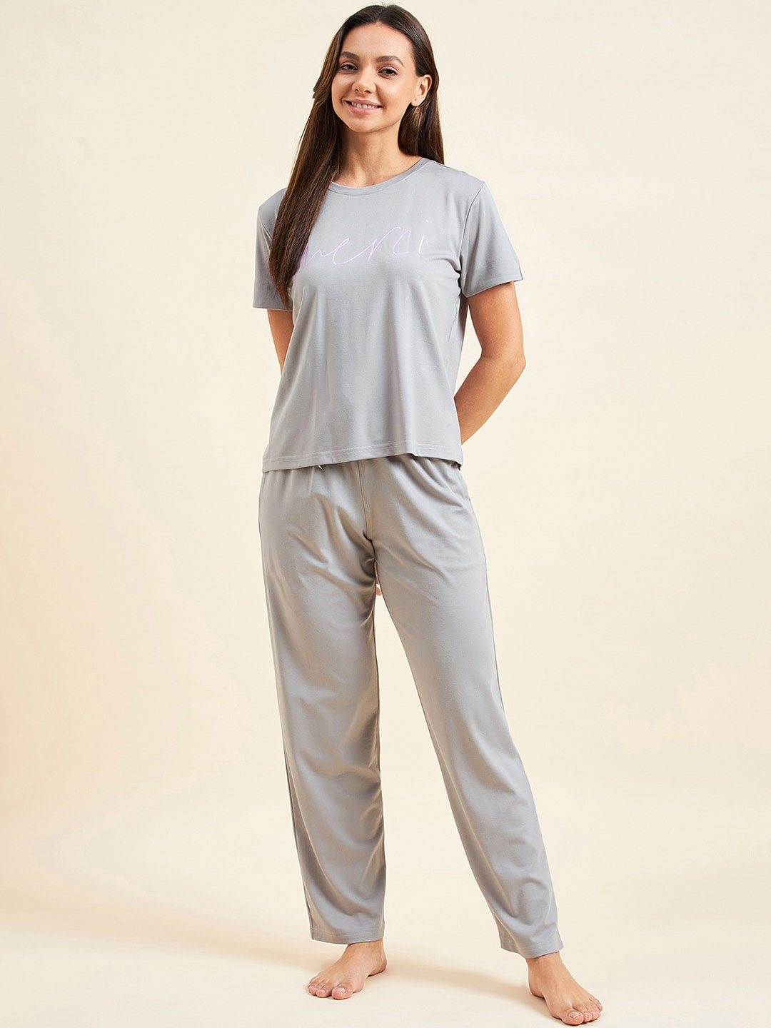 

Sweet Dreams Grey Typography Printed T-shirt With Pyjamas