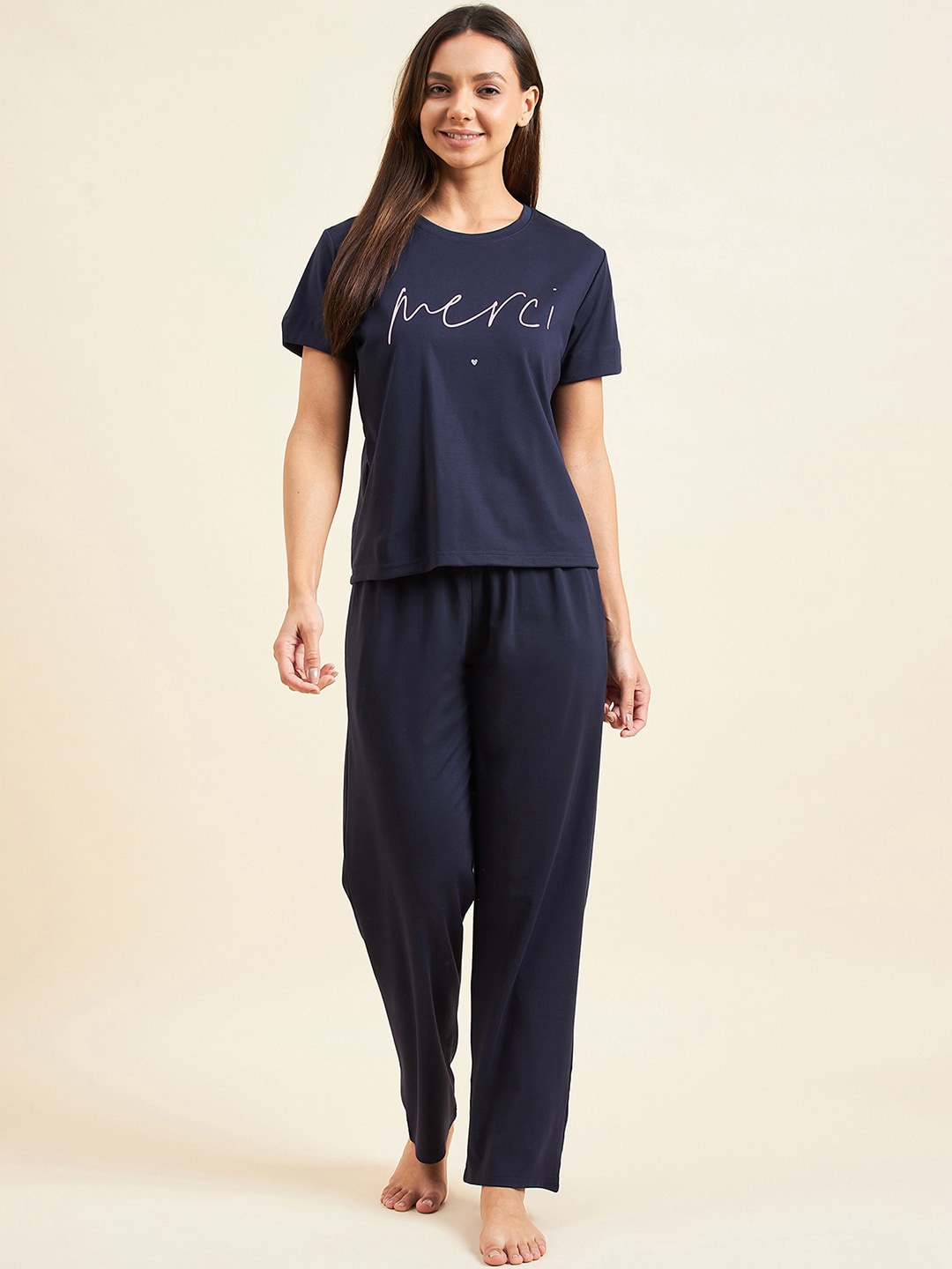 

Sweet Dreams Navy Blue Typography Printed T-shirt With Pyjamas