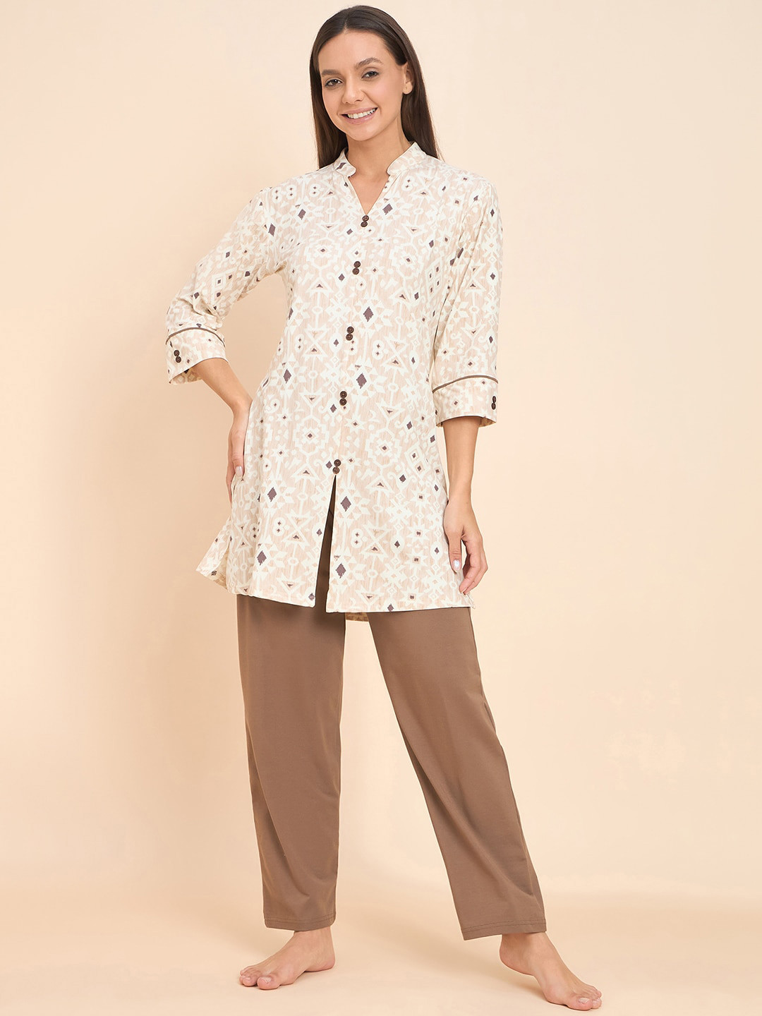 

Sweet Dreams Yellow Geometric Printed Kurti With Pyjamas
