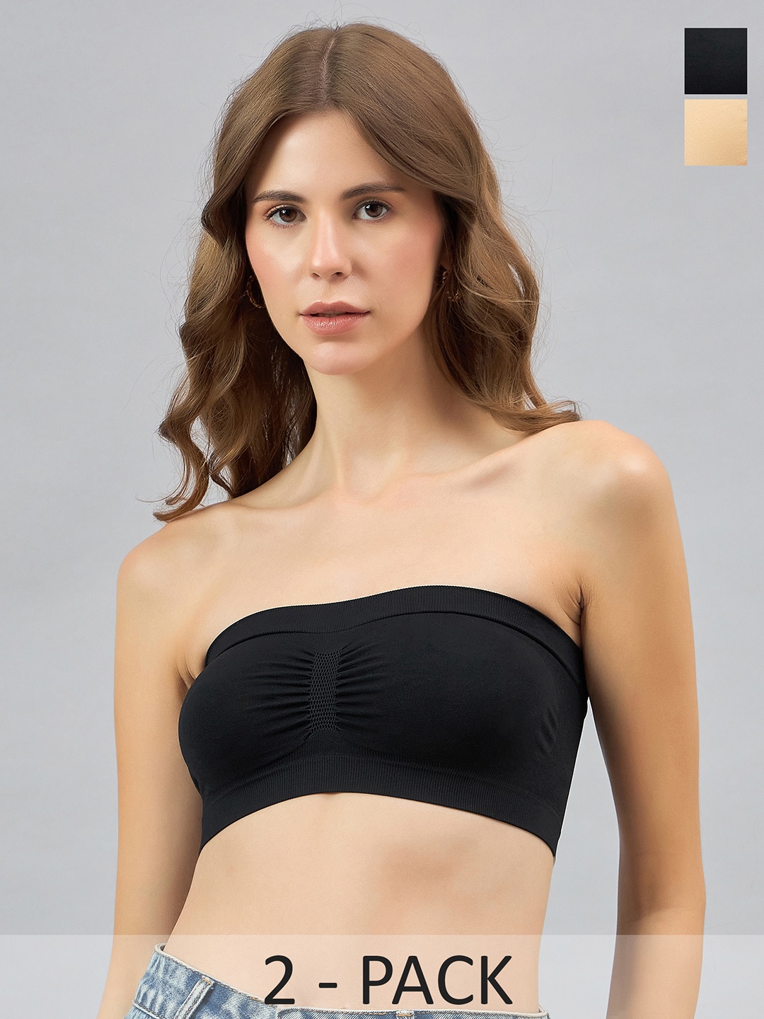 

DressBerry Seamless Pack of 2 Medium Coverage Bandeau Bra, Black