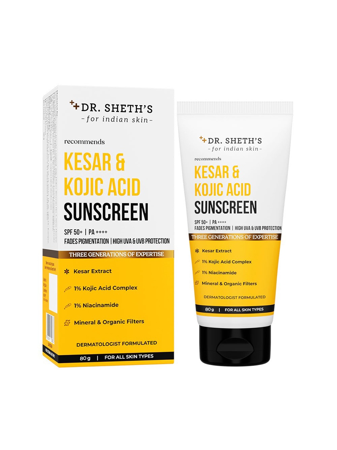 

DR. SHETHS Kesar & Kojic Acid Sunscreen SPF 50+ PA++++ for Pigmentation - 80g, Off white