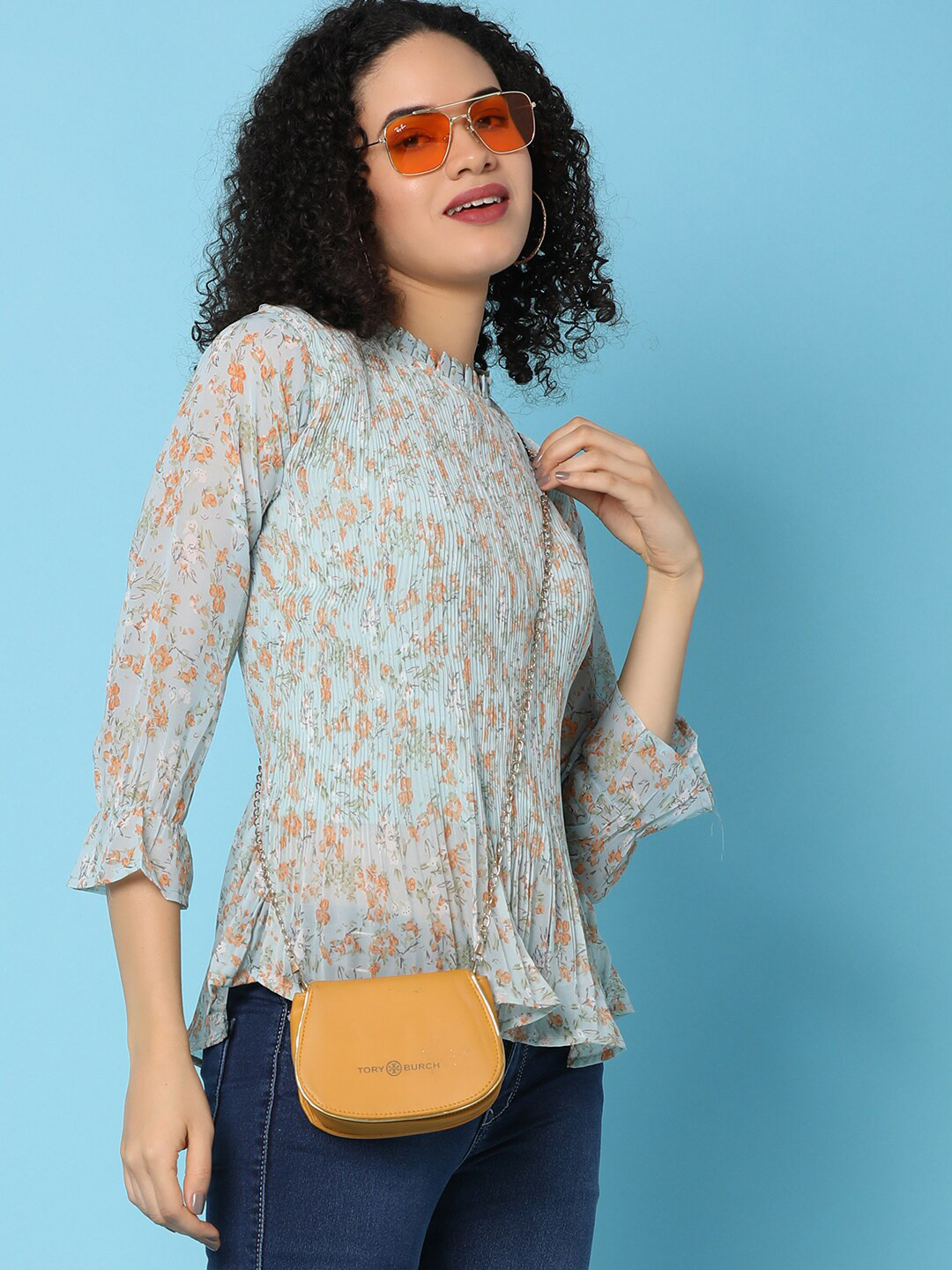 

V-Mart Floral Print Mandarin Collar High-Low Top, Blue