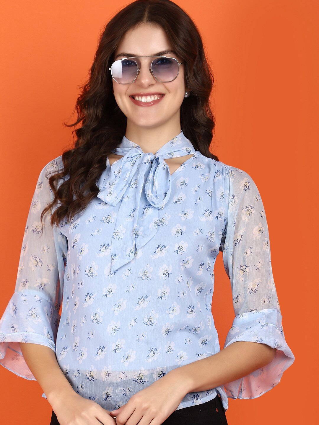 

V-Mart Floral Print Tie-Up Neck Bell Sleeve Top, Blue