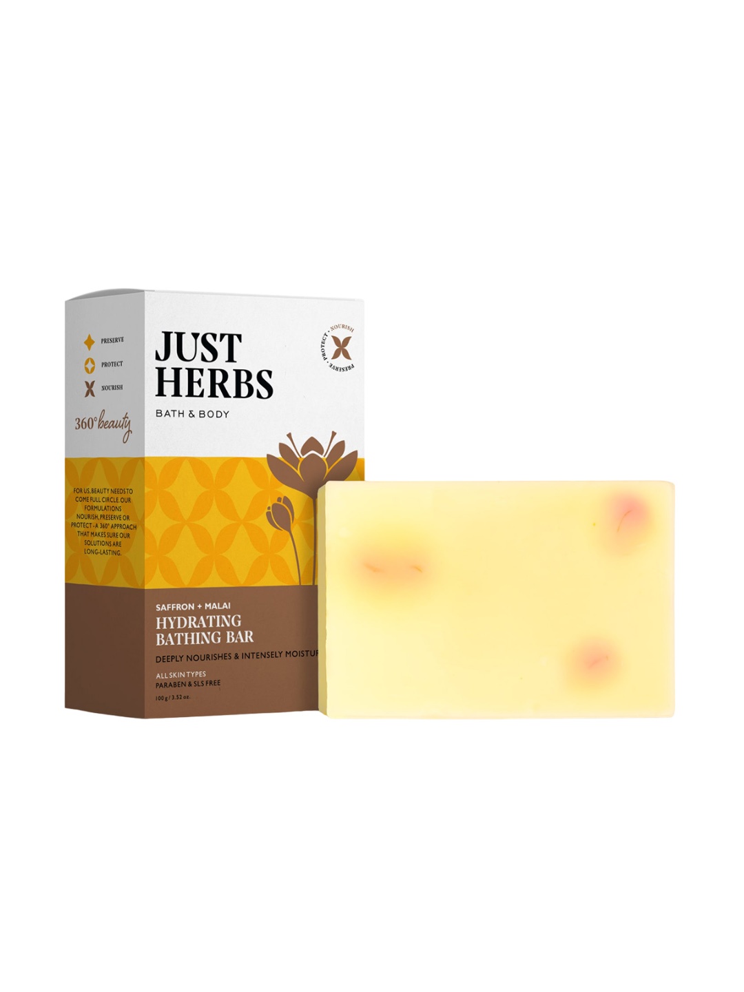 

Just Herbs 360 Beauty Saffron & Malai Hydrating Bathing Bar - 100g, Na