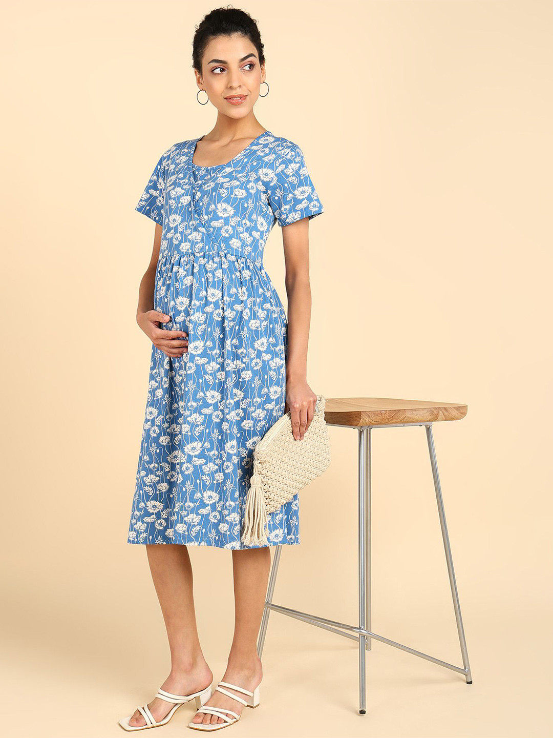 

House Of Zelena Floral Print Maternity A-Line Dress, Turquoise blue