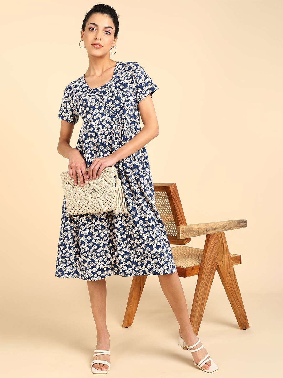 

House Of Zelena Floral Printed Round Neck Maternity A-Line Dress, Beige