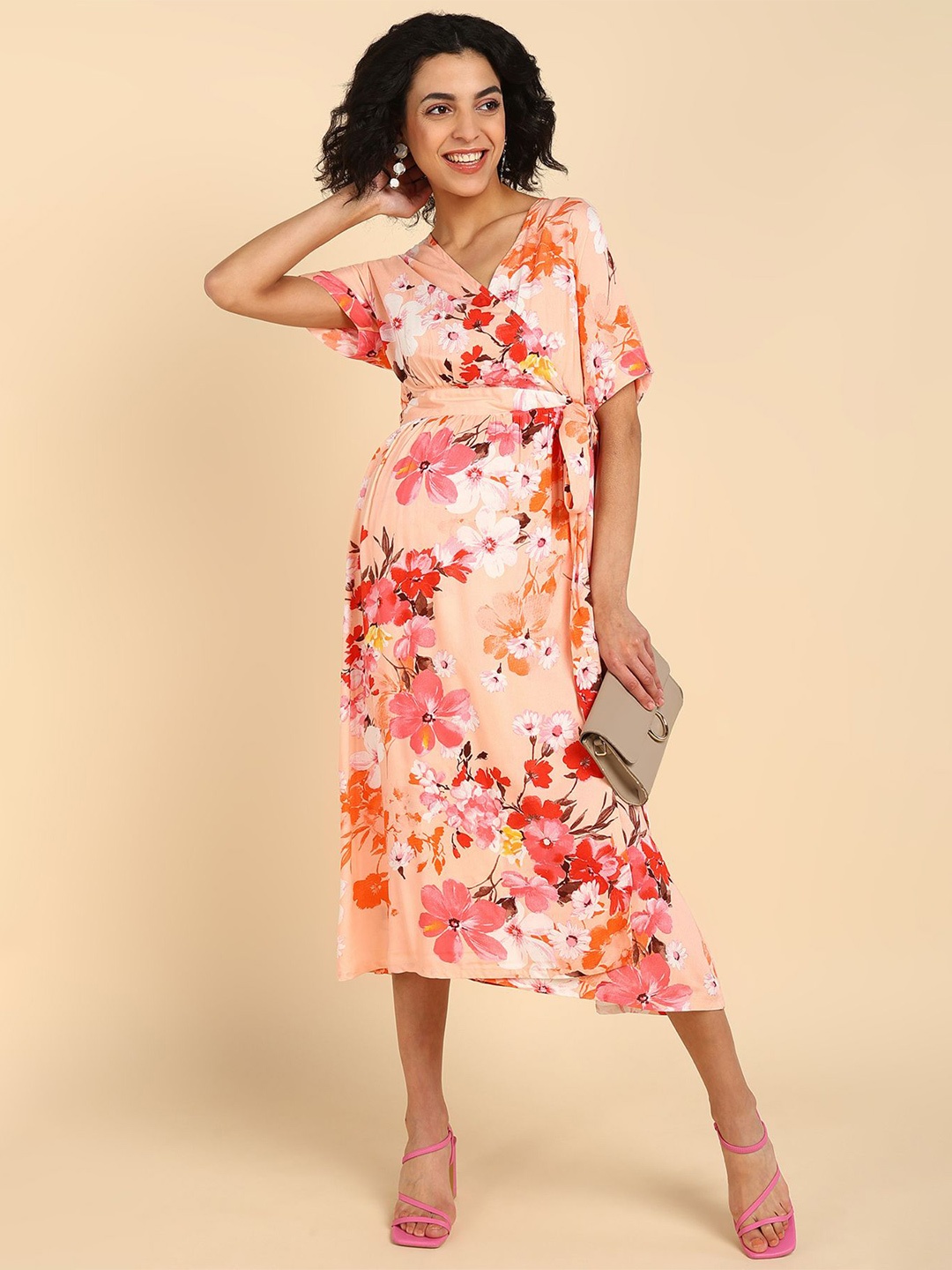 

House Of Zelena Floral Print Maternity Wrap Dress, Peach