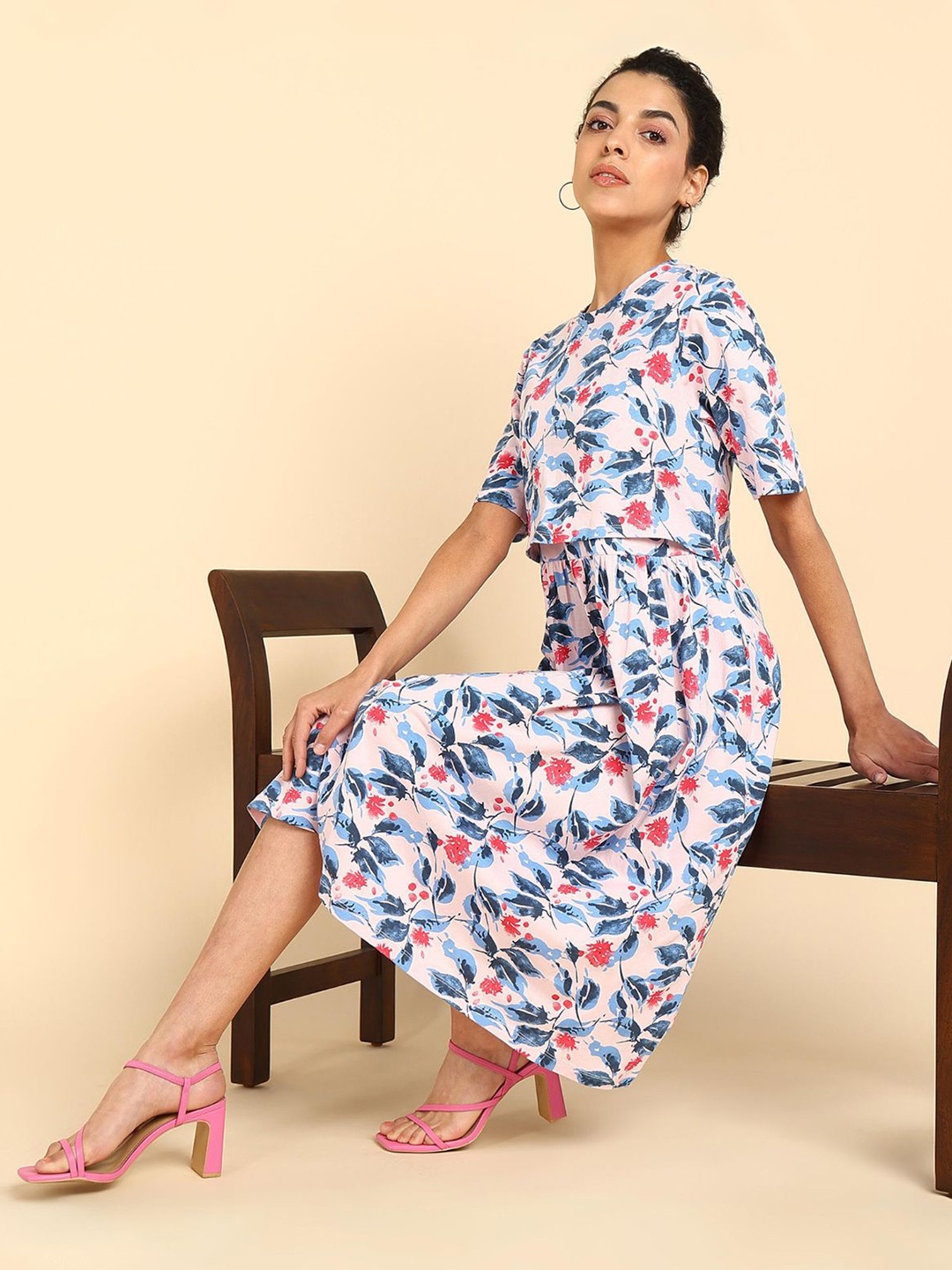 

House Of Zelena Floral Print Maternity Fit & Flare Midi Dress, White