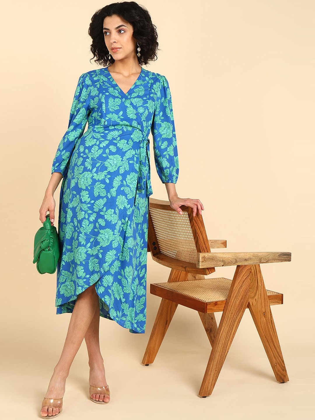 

House Of Zelena Floral Print Maternity Wrap Midi Dress, Blue