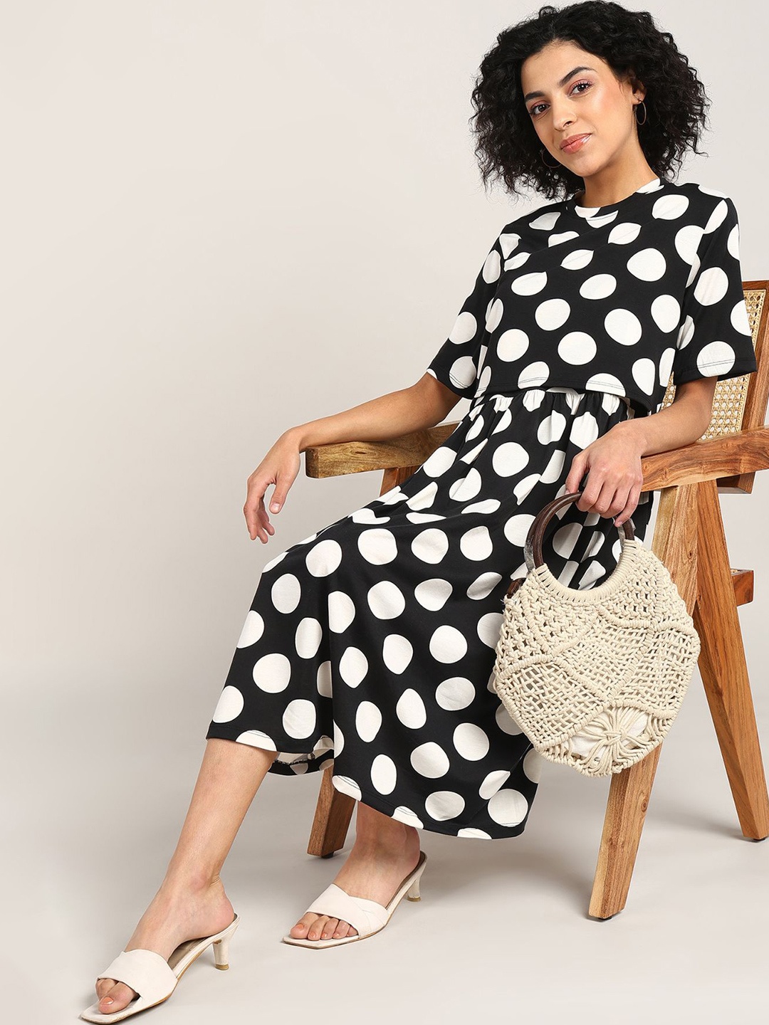 

House Of Zelena Polka Dot Print Maternity A-Line Midi Dress, Black