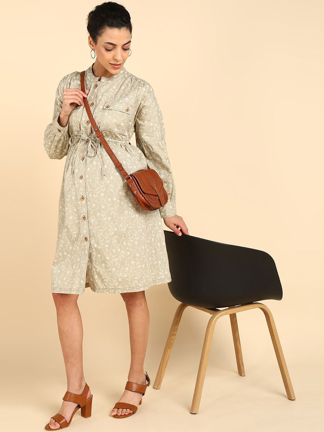 

House Of Zelena Floral Print Puff Sleeve Maternity A-Line Dress, Beige