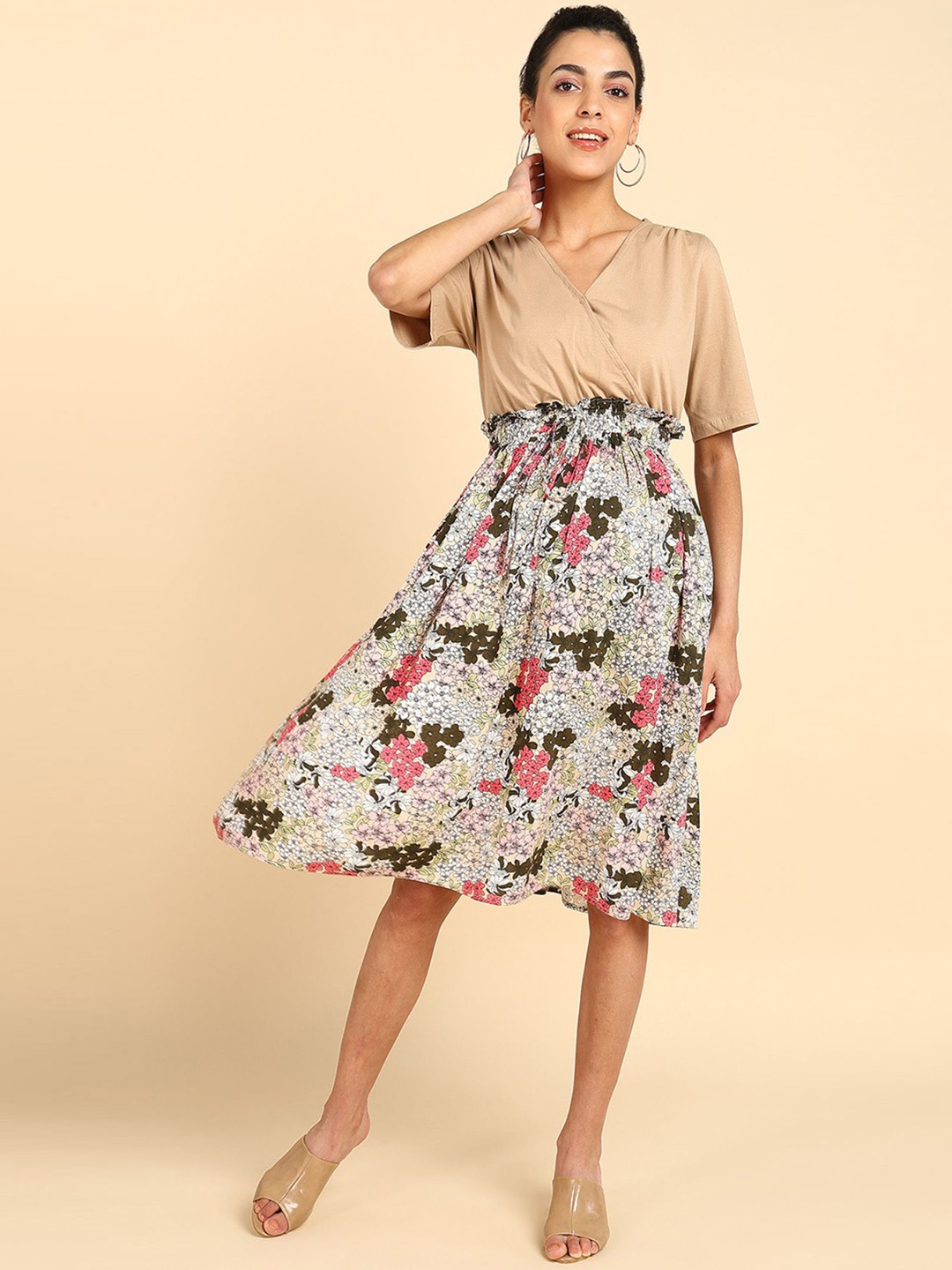 

House Of Zelena Floral Print Maternity Wrap Dress, Camel brown