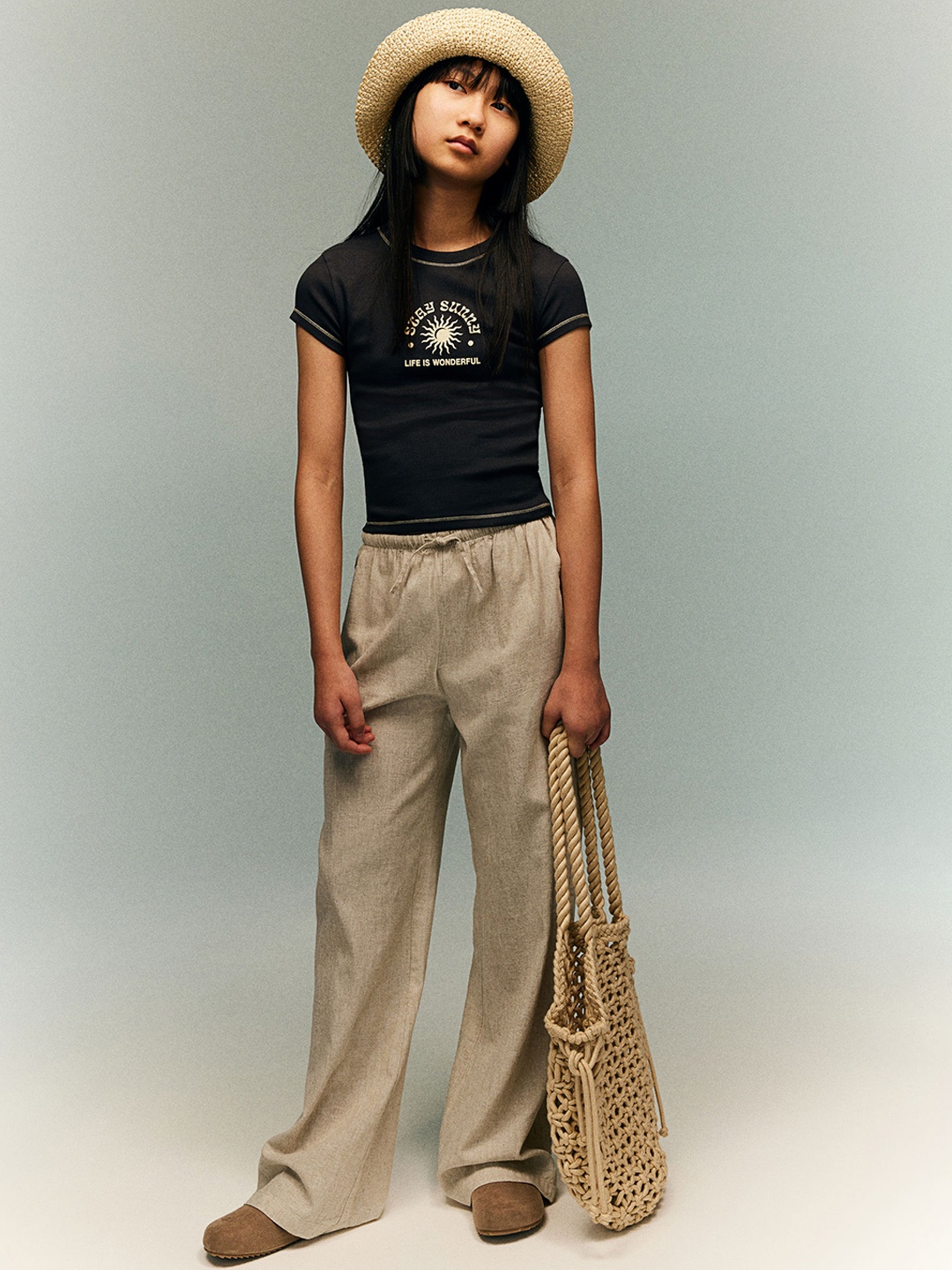 

H&M Girls Wide Linen-Blend Pull-On Trousers, Beige