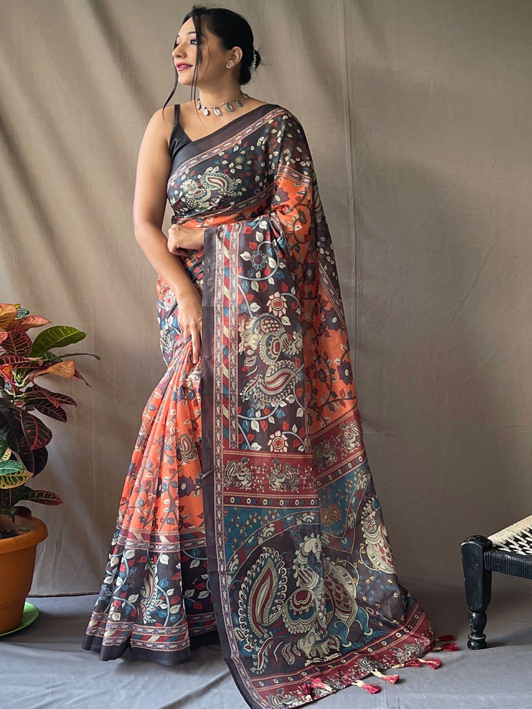 

SGF11 Kalamkari Printed Chanderi Saree, Orange