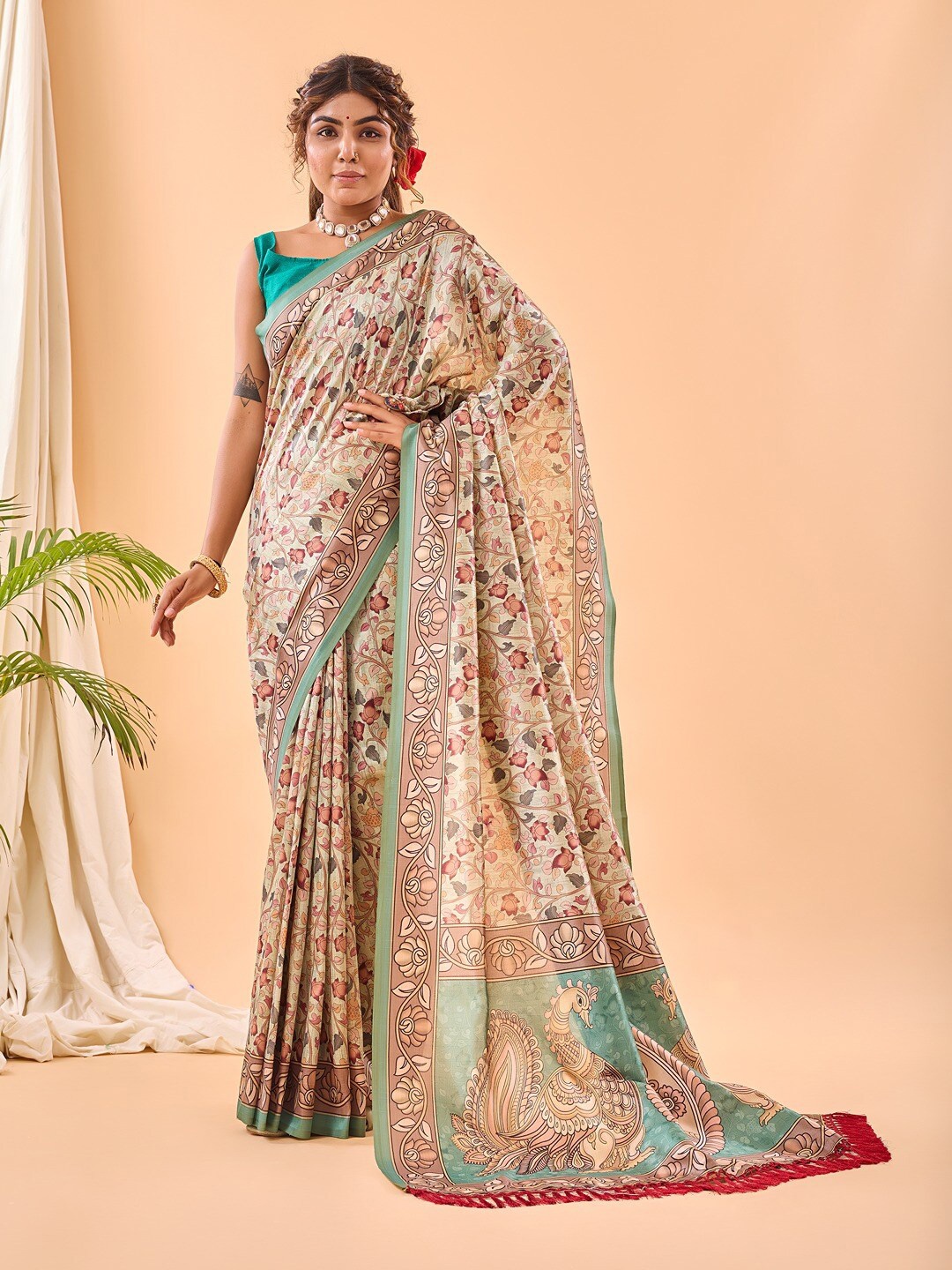 

SGF11 Kalamkari Printed Chanderi Saree With Tassels, Green