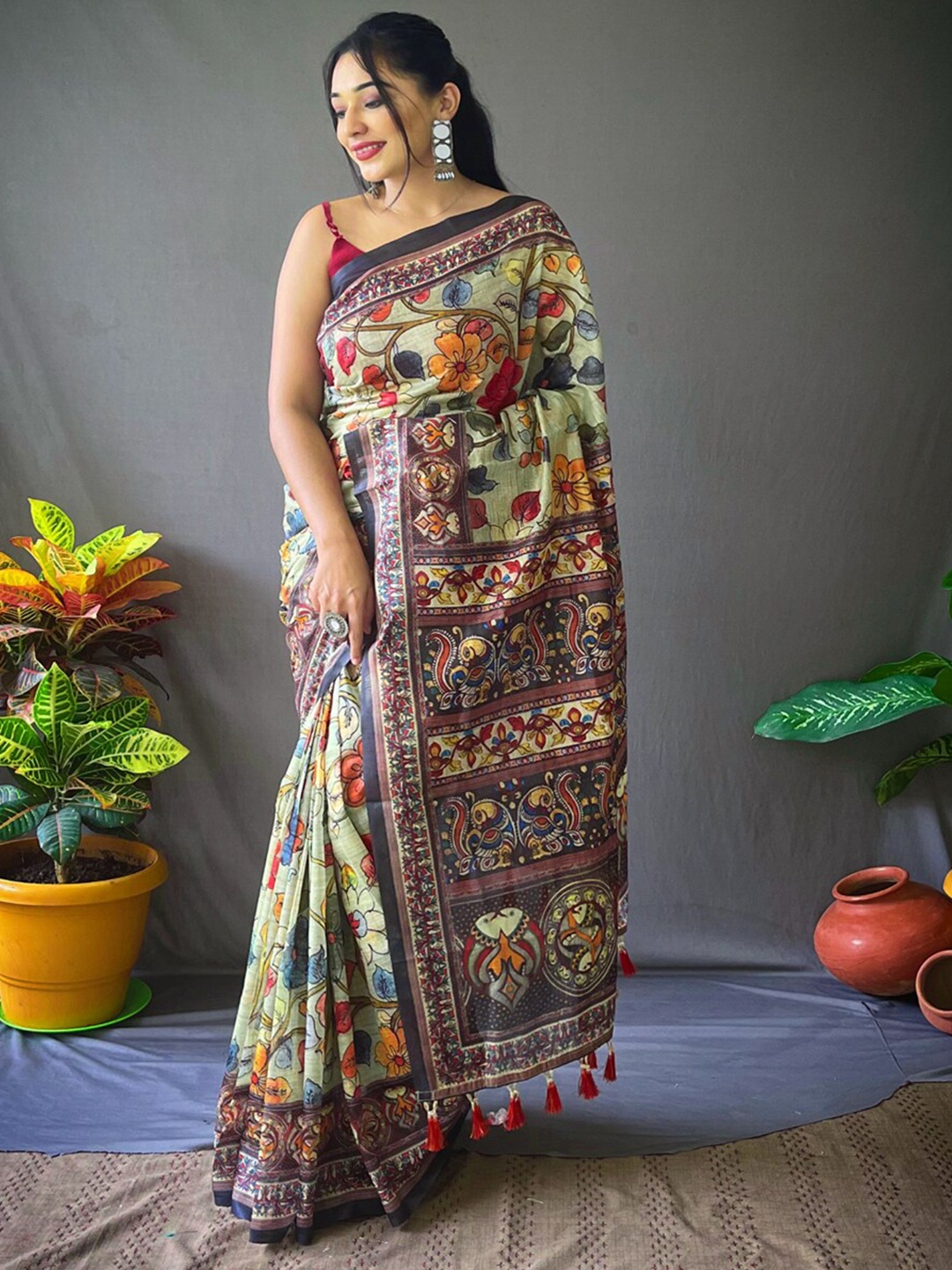 

SGF11 Kalamkari Printed Silk Cotton Chanderi Saree, Green
