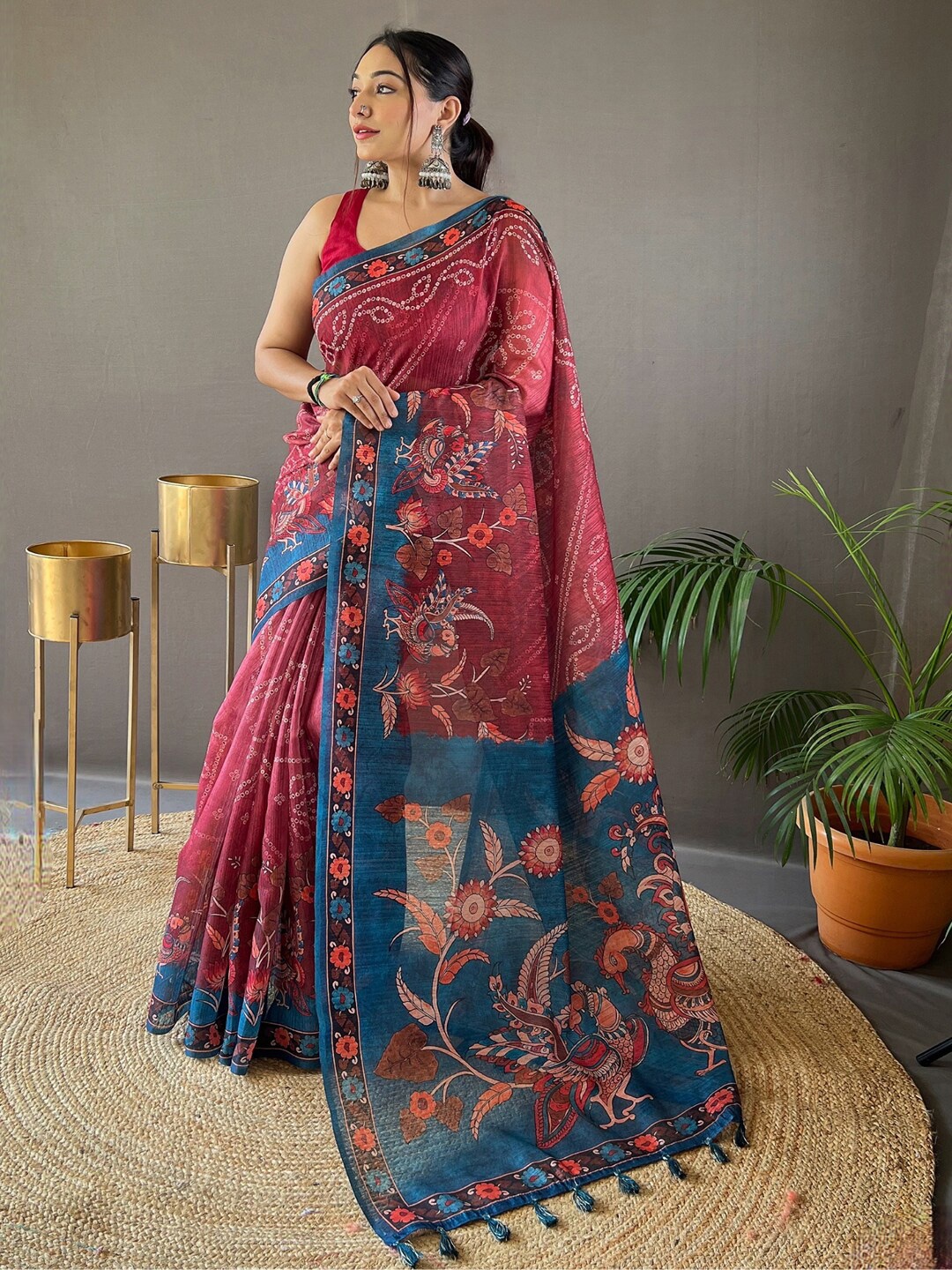 

SGF11 Kalamkari Printed Kota Saree With Tassels, Maroon