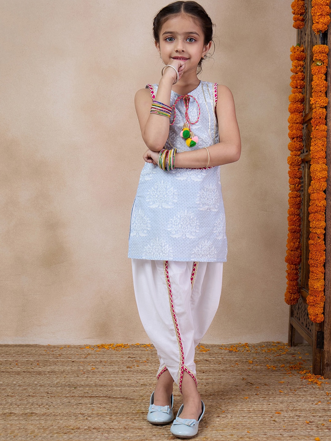 

pspeaches Girls Floral Printed Tie-Up Neck Straight Kurta With Dhoti Pants, Grey
