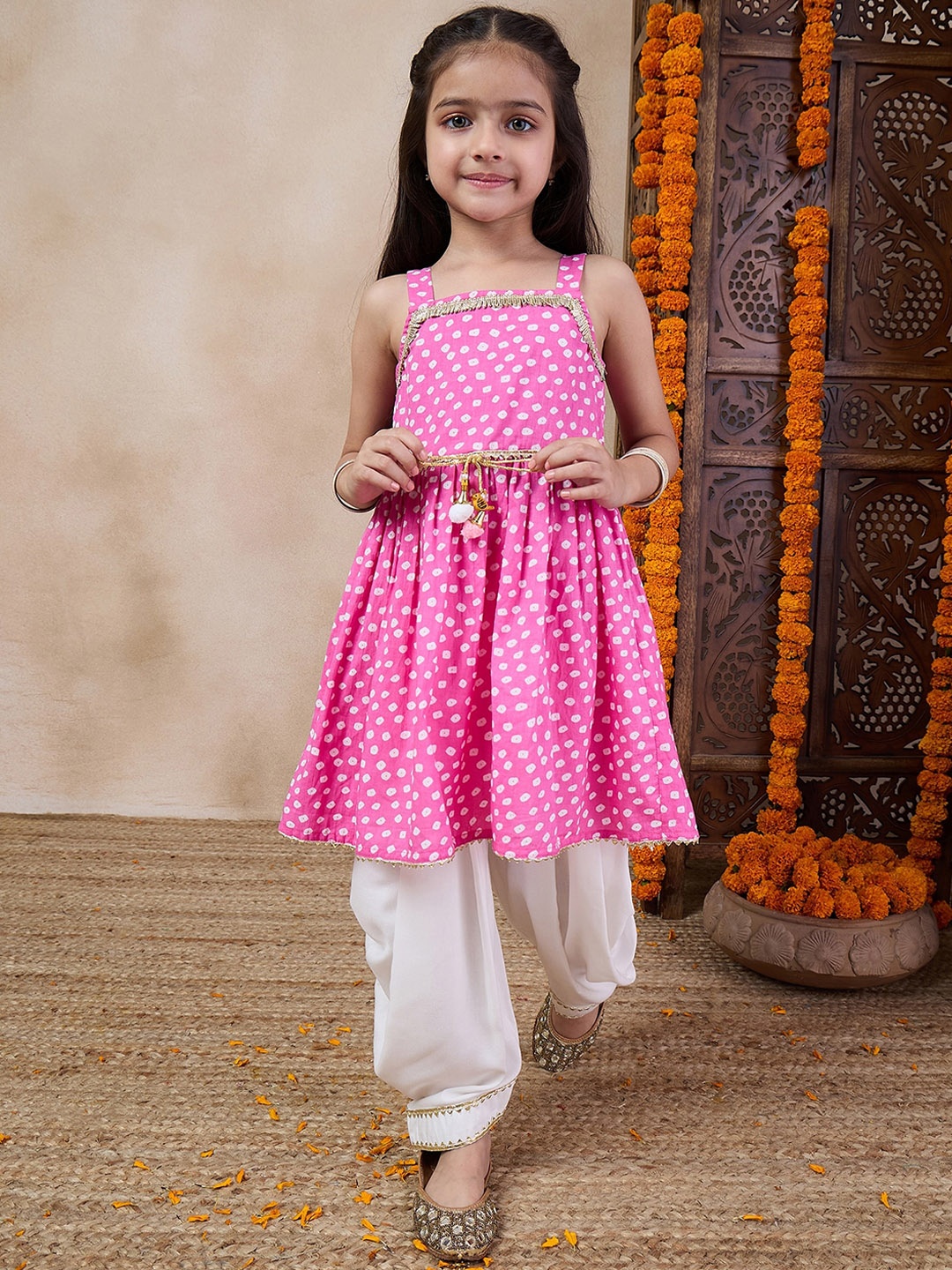 

pspeaches Girls Bandhani Printed Shoulder Straps Gotta Patti A-Line Kurta With Dhoti Pants, Pink