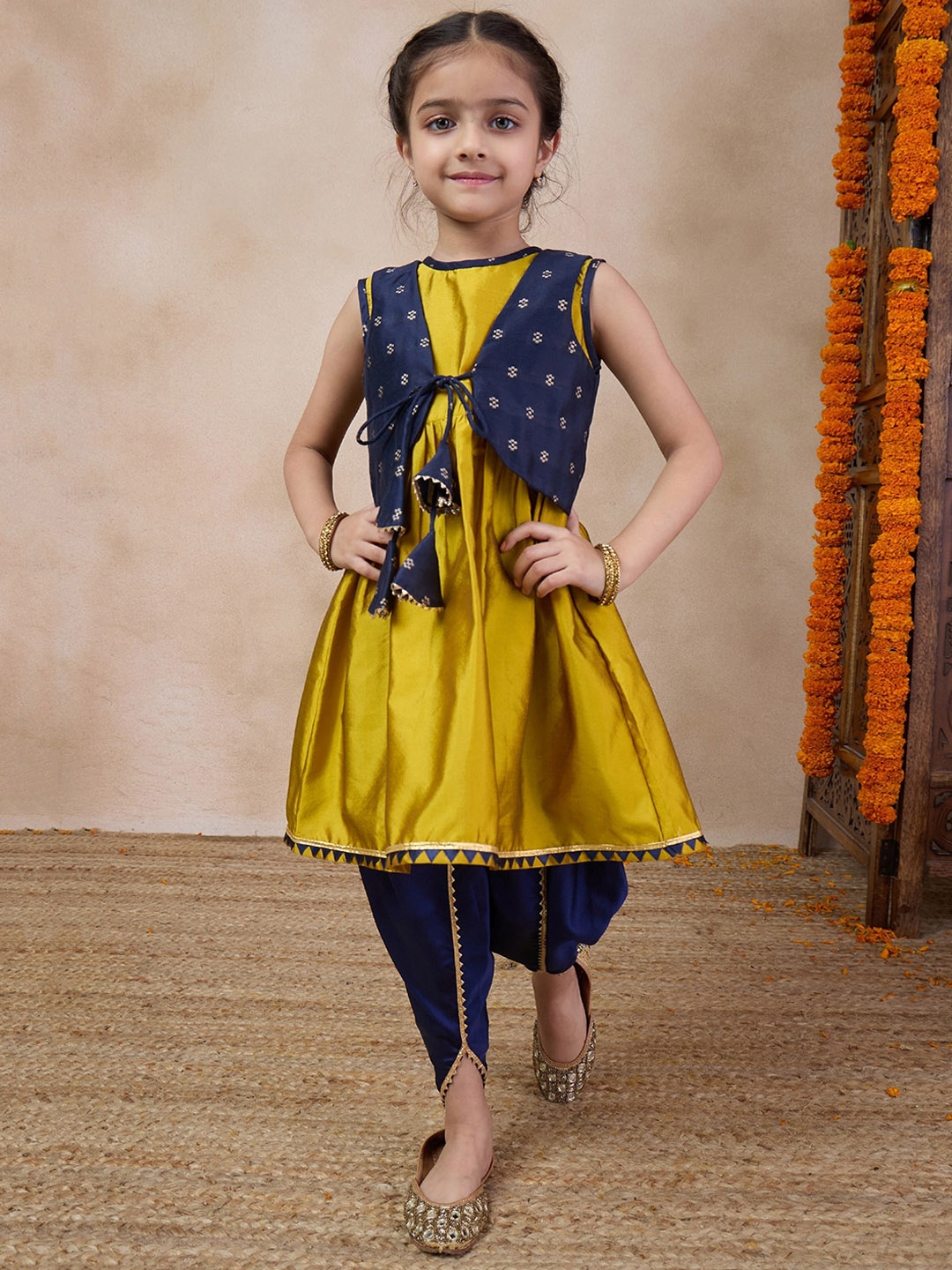 

pspeaches Girls Anarkali Round Neck Sleeveless Kurta With Dhoti Pants & Jacket, Mustard
