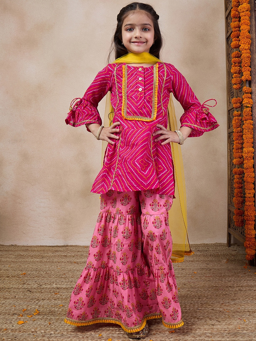 

pspeaches Girls Geometric Printed Flared Sleeves A-Line Kurti With Sharara & Dupatta, Magenta