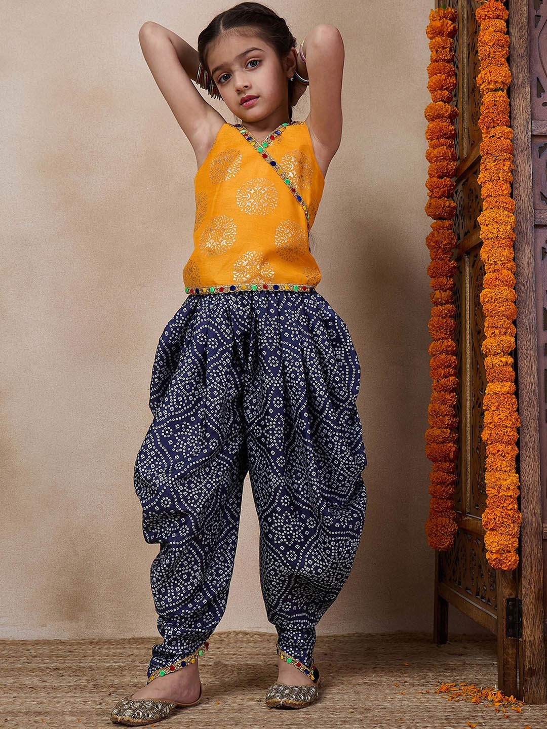 

pspeaches V Neck Sleeveless Printed Top & Dhoti Pant Clothing Set, Yellow