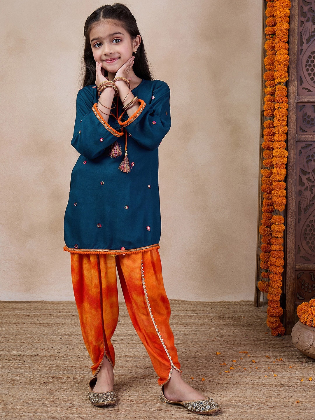 

pspeaches Girls Embroidered Tie-Up Neck Mirror Work A-Line Kurta With Dhoti Pants, Blue